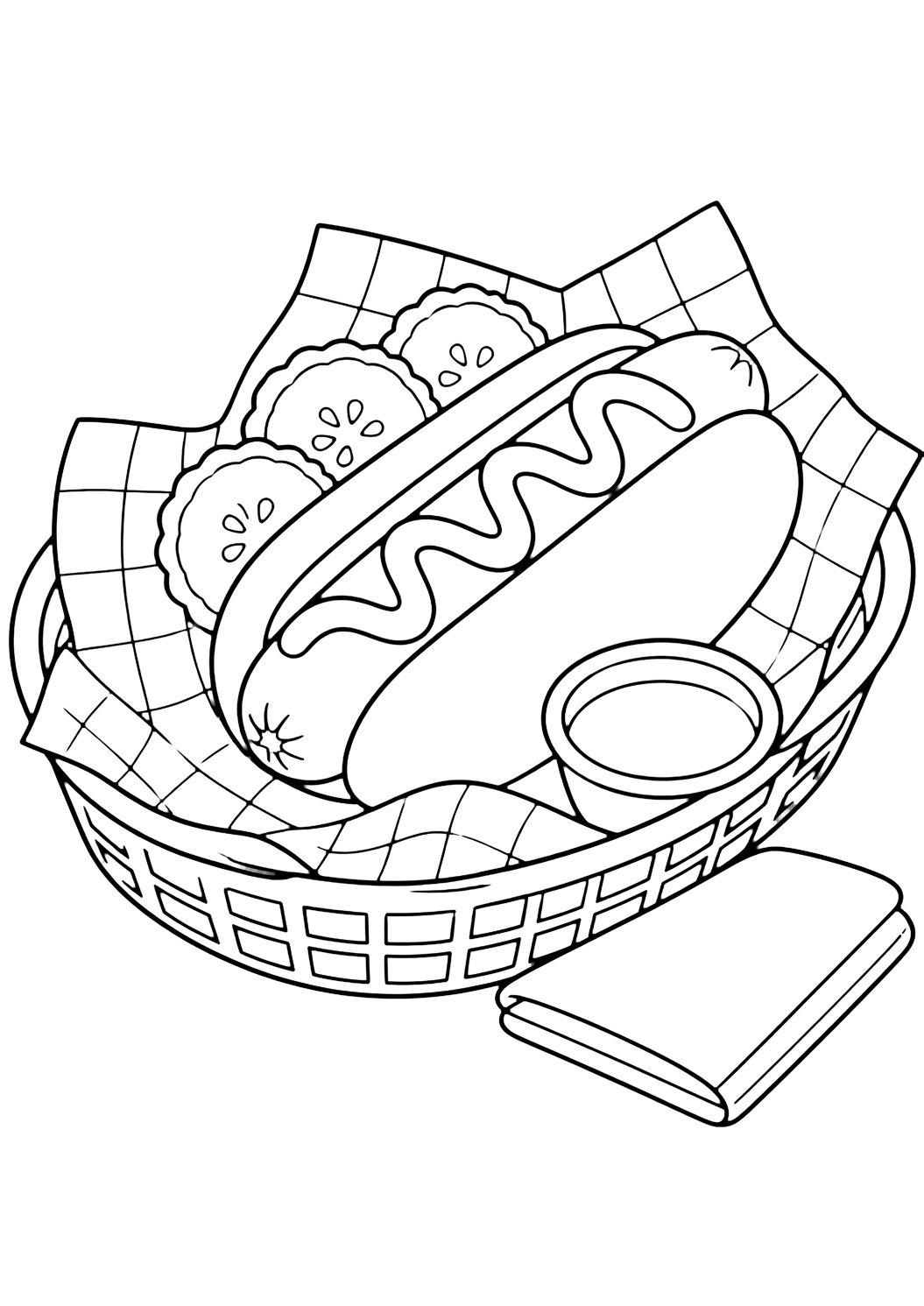 Dibujo de comida para colorear con una cesta de snack con papel a cuadros en blanco, un hot dog grande en pan, rodajas de pepinillo, un cuenco de salsa en blanco y una servilleta doblada. Ideal para niños, impresión y coloreado online.