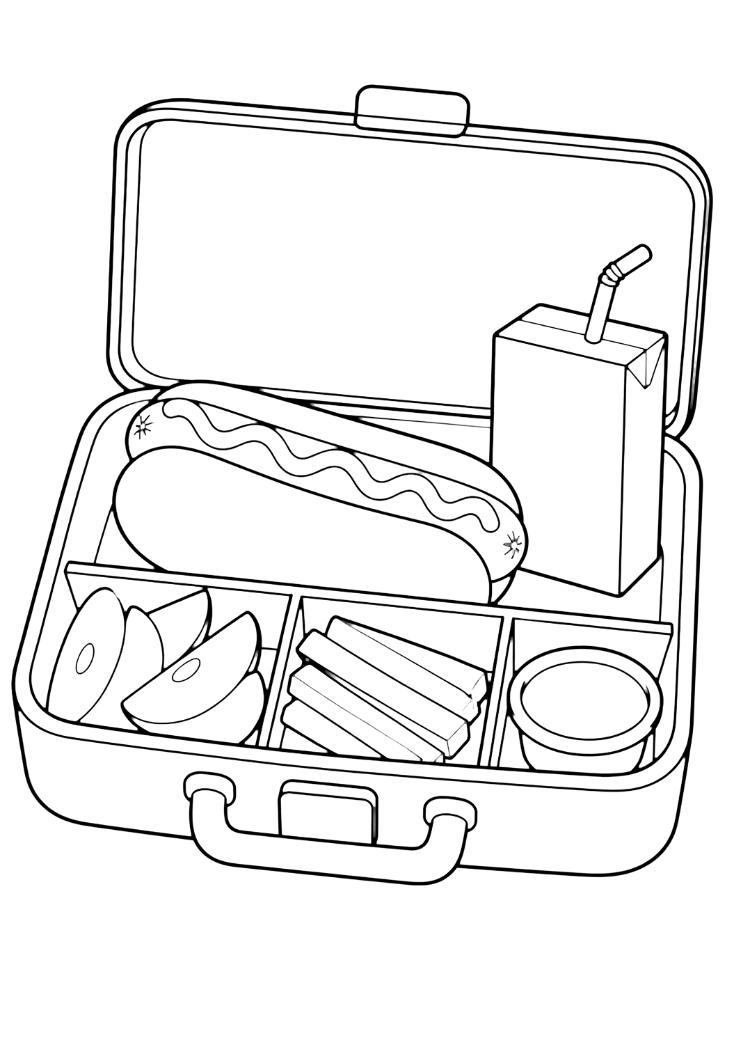 Dibujo de comida para colorear con una lonchera abierta con un hot dog grande en la sección principal, rodajas de manzana, zanahorias, un cuenco de salsa en blanco y una cajita de bebida con pajilla. Ideal para niños, impresión y coloreado online.