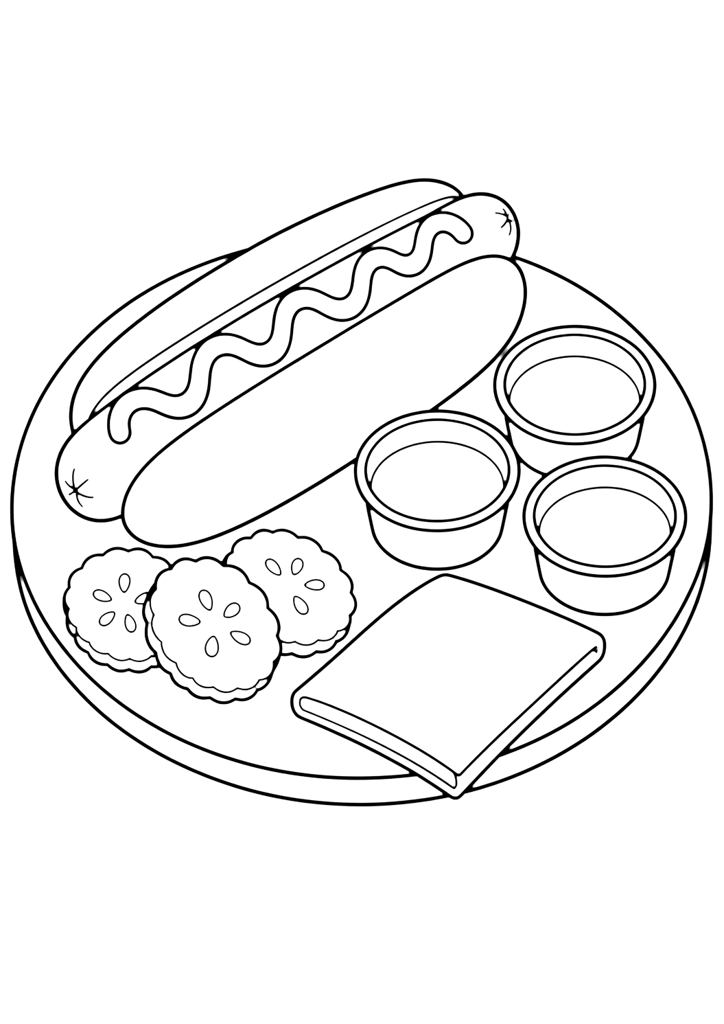 Dibujo de comida para colorear con un hot dog grande en pan sobre un plato ovalado, tres cuencos de salsa en blanco, rodajas de pepinillo y una servilleta doblada. Ideal para niños, impresión y coloreado online.