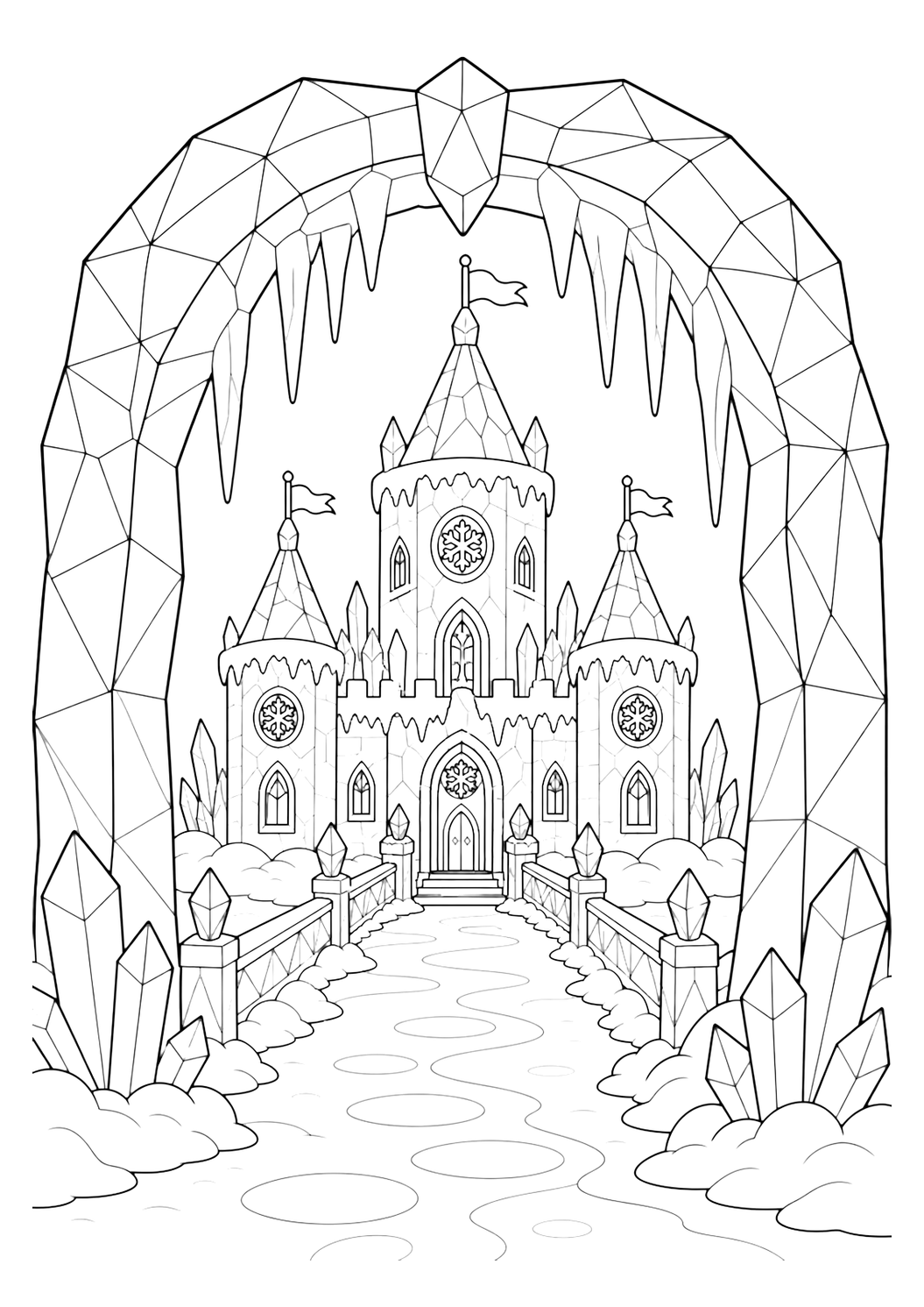 ice arch frame castle coloring page with clean ice castle line art for kids