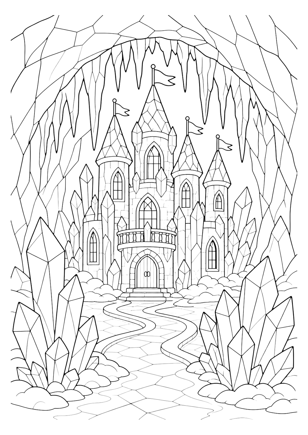 ice cave crystal castle coloring page with clean ice castle line art for kids