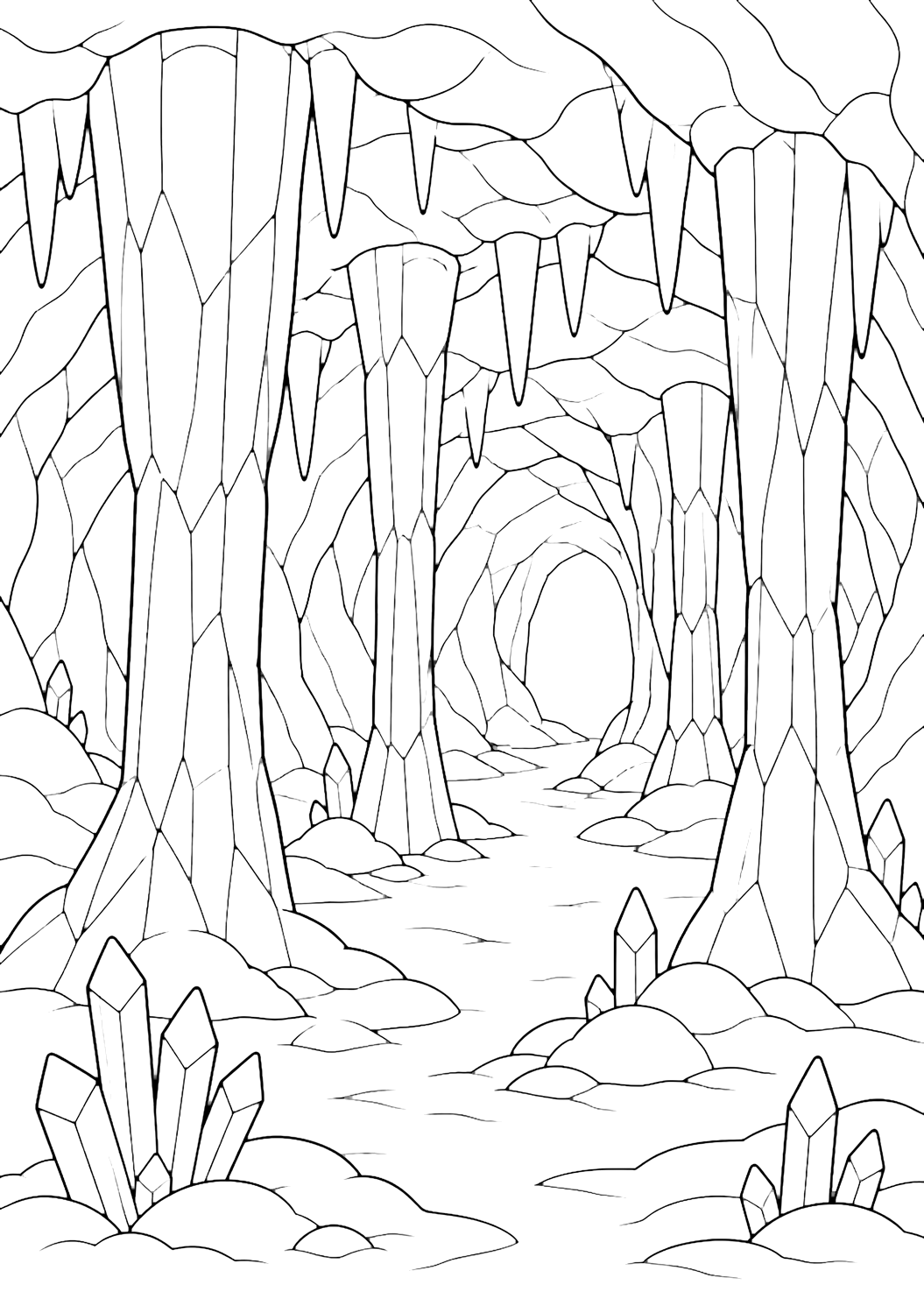 ice cave crystal columns coloring page with an ice cave crystal columns scene with thick natural ice columns rising from floor to ceiling, rounded cave walls, simple faceted ice shapes, a smooth snow floor, small frozen mounds, and a bright white cave passage in the background for kids