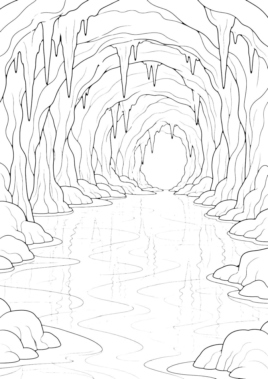Coloriage avec une grotte de glace avec sol miroir dans une grotte de glace, des contours nets, de larges formes de glace, un sol enneigé, des glaçons simples et un passage clair. Idéal pour enfants, thèmes d'hiver, impression et coloriage en ligne.