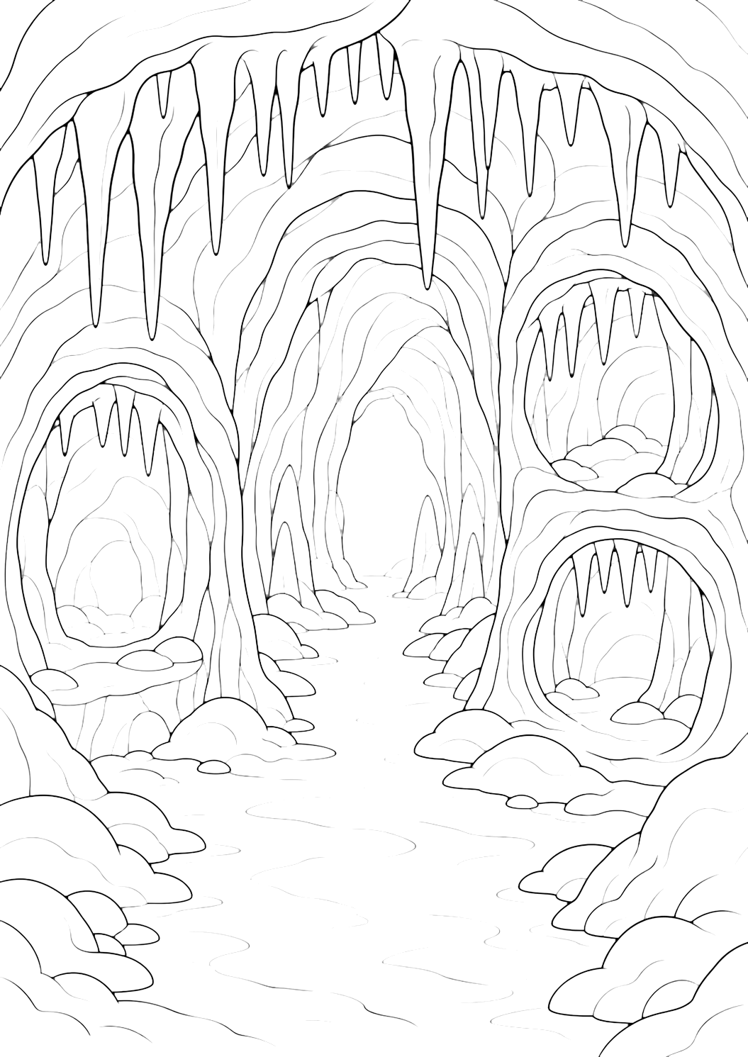 Ausmalbild mit eine Eishöhle mit seitennischen in der Eishöhle, klaren Konturen, breiten Eisformen, Schneeboden, einfachen Eiszapfen und hellem Durchgang. Geeignet für Kinder, Winterthemen, Ausdrucke und Online-Ausmalen.