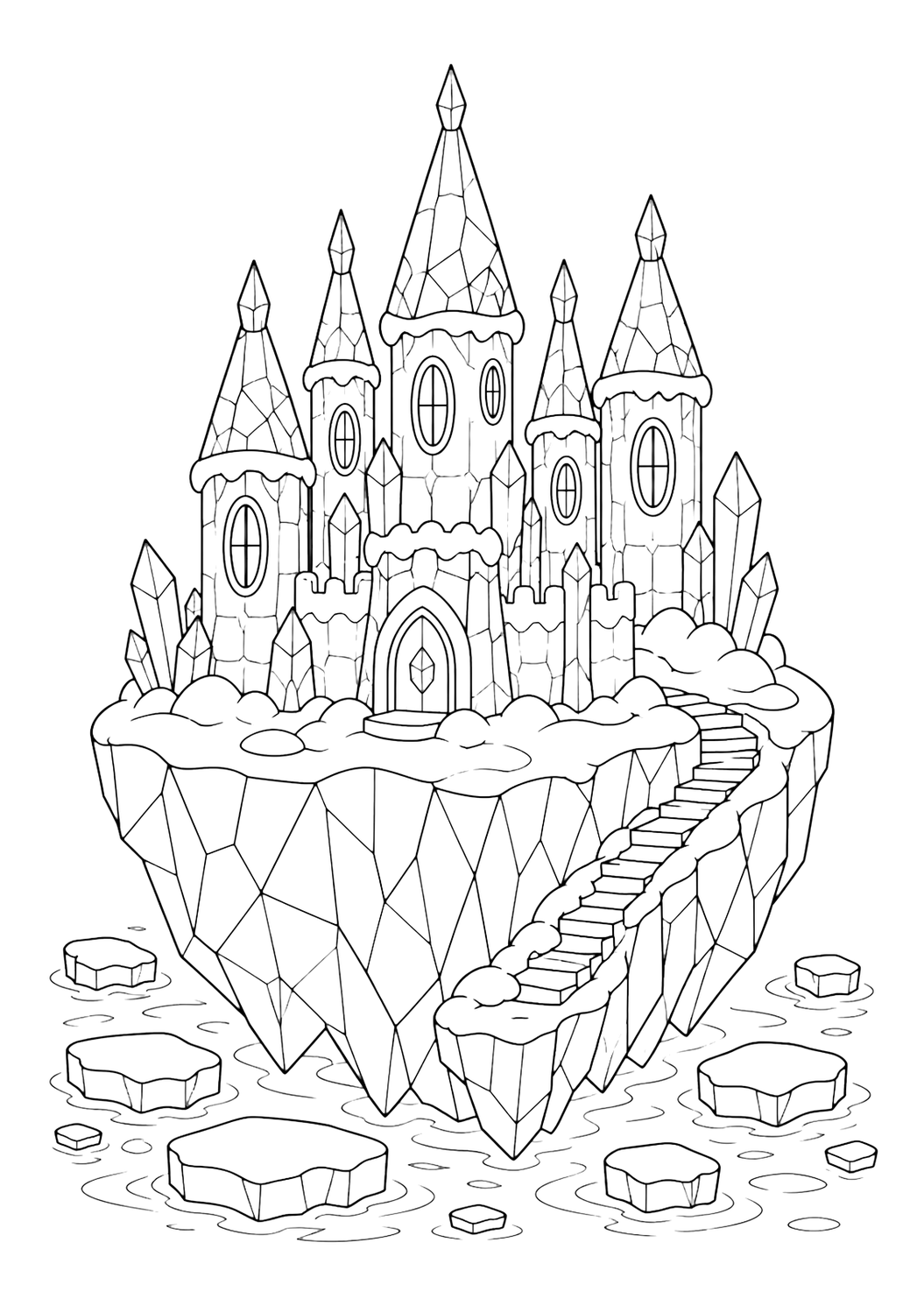 iceberg island ice castle coloring page with clean ice castle line art for kids