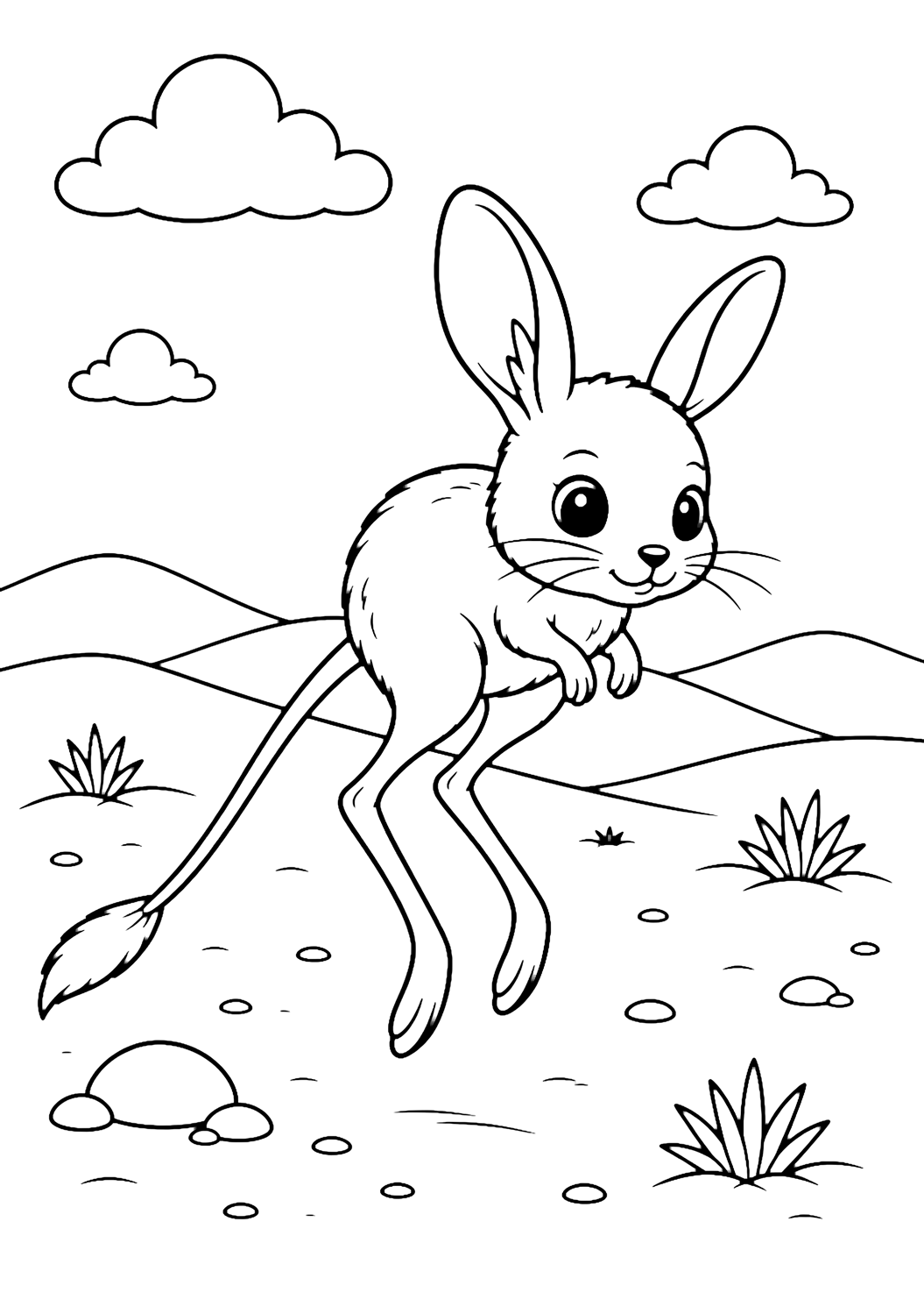 Dibujo para colorear de animal del desierto con jerbo en una escena sencilla del desierto con arena, rocas redondeadas, plantas pequeñas y cielo abierto. Ideal para niños, naturaleza, impresión y coloreado online.