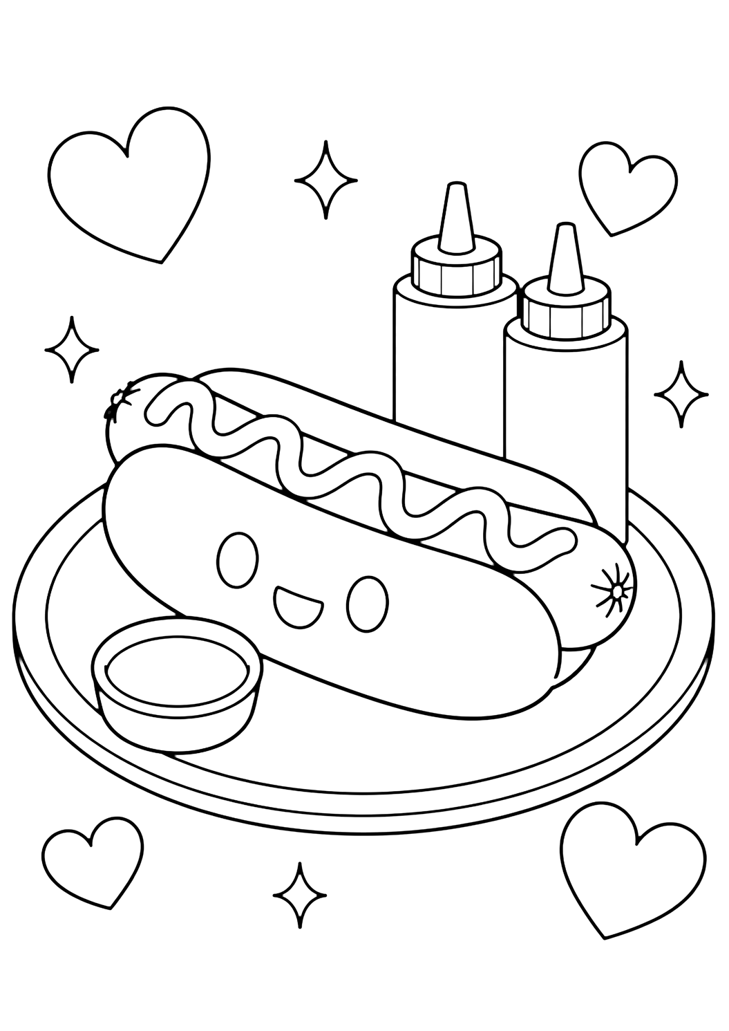 Dibujo de comida para colorear con un hot dog kawaii sonriente en pan sobre un plato redondo, un cuenco de salsa en blanco, dos botellas de condimento sin texto y corazones y chispas grandes. Ideal para niños, impresión y coloreado online.