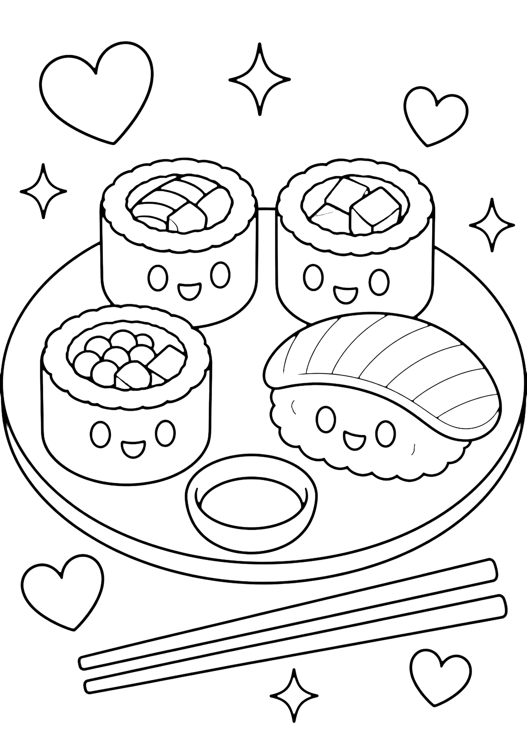 Coloriage de nourriture avec trois rouleaux de sushi souriants et un nigiri souriant sur une assiette ronde avec une coupelle de sauce vide, des baguettes, des coeurs et de simples étincelles. Idéal pour enfants, impression et coloriage en ligne.