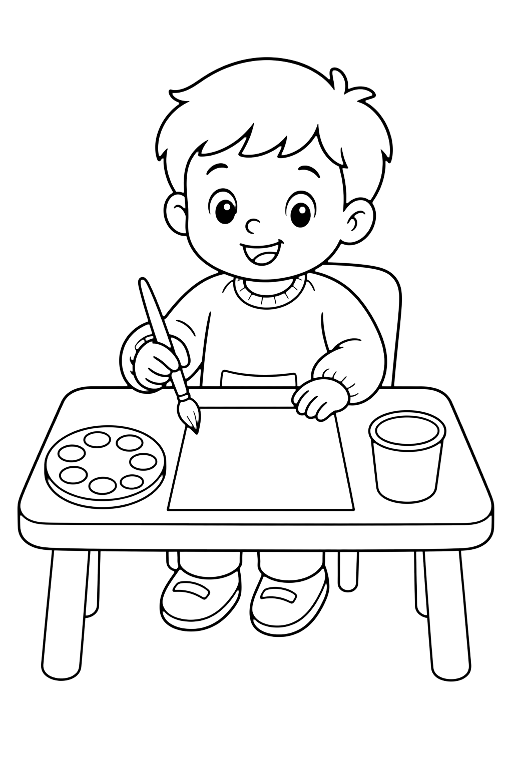 Coloriage avec une table d'art enfant avec une feuille vide, une palette, un pinceau, un gobelet et un enfant de kindergarten en tablier. Idéal pour enfants, rentrée scolaire, impression et coloriage en ligne.