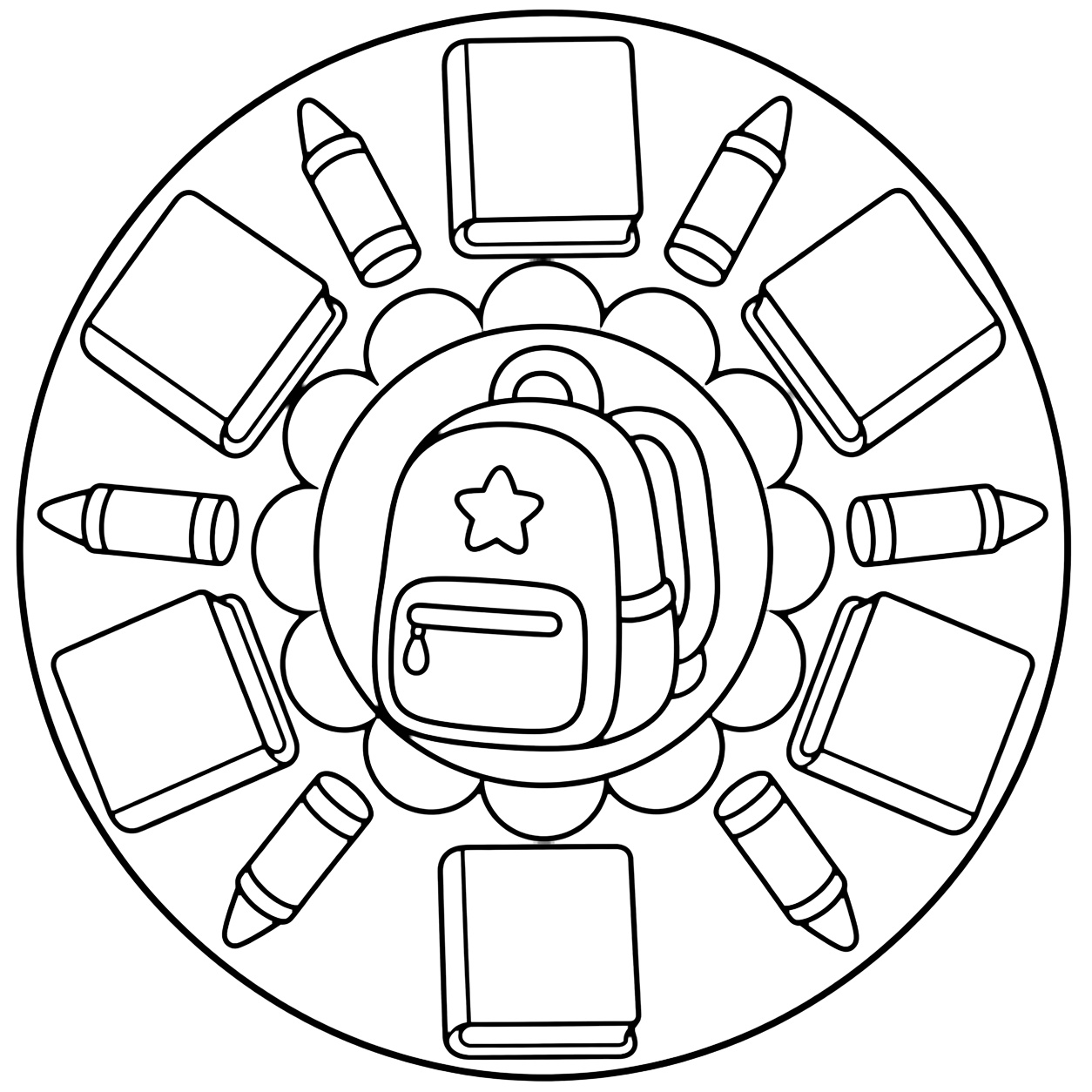 Coloriage avec un mandala rond simple avec un grand sac au centre et de grands livres à couverture vide et crayons autour. Idéal pour enfants, rentrée scolaire, impression et coloriage en ligne.