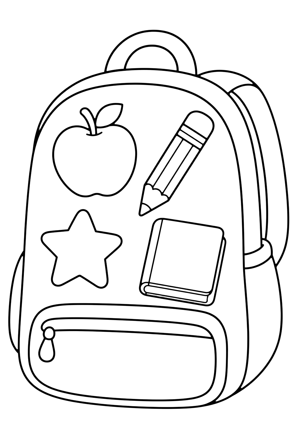 Coloriage avec un grand sac de kindergarten avec quatre patchs doodle: pomme, crayon, étoile et livre vide. Idéal pour enfants, rentrée scolaire, impression et coloriage en ligne.