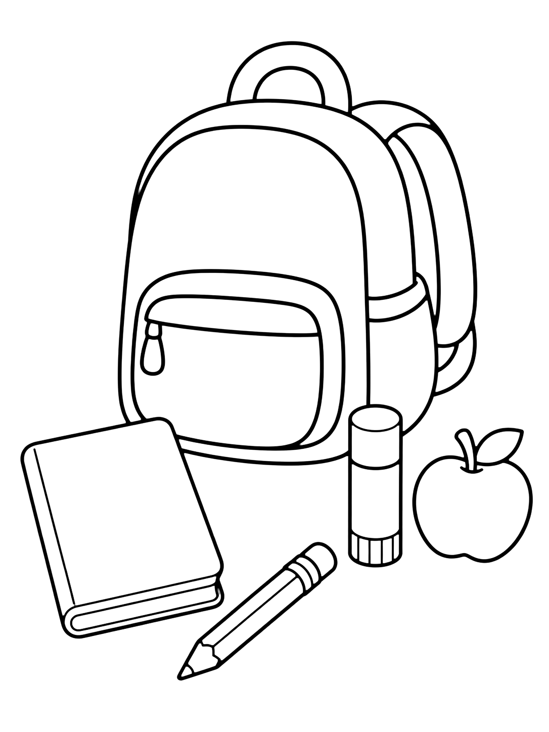 Coloriage avec un grand sac, un crayon, un bâton de colle, un cahier vide et une pomme avec beaucoup d'espace. Idéal pour enfants, rentrée scolaire, impression et coloriage en ligne.