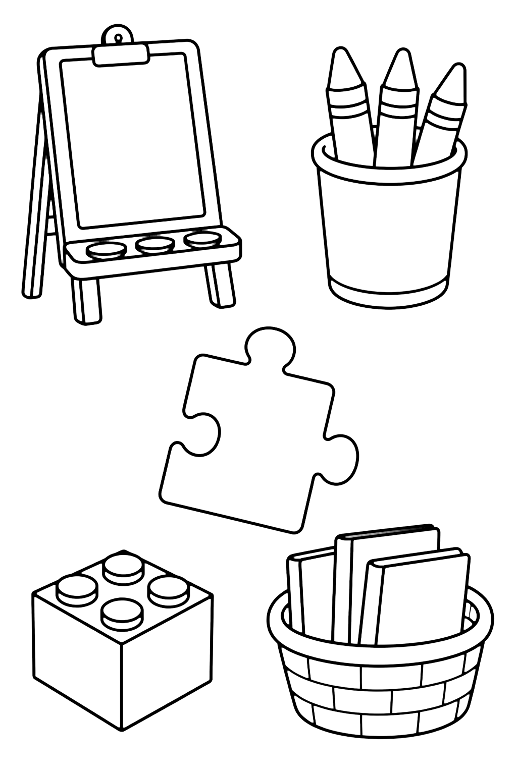 Coloriage avec cinq grandes icônes doodle: chevalet avec feuille vide, pot de crayons, pièce de puzzle, cube vide et panier de livres. Idéal pour enfants, rentrée scolaire, impression et coloriage en ligne.