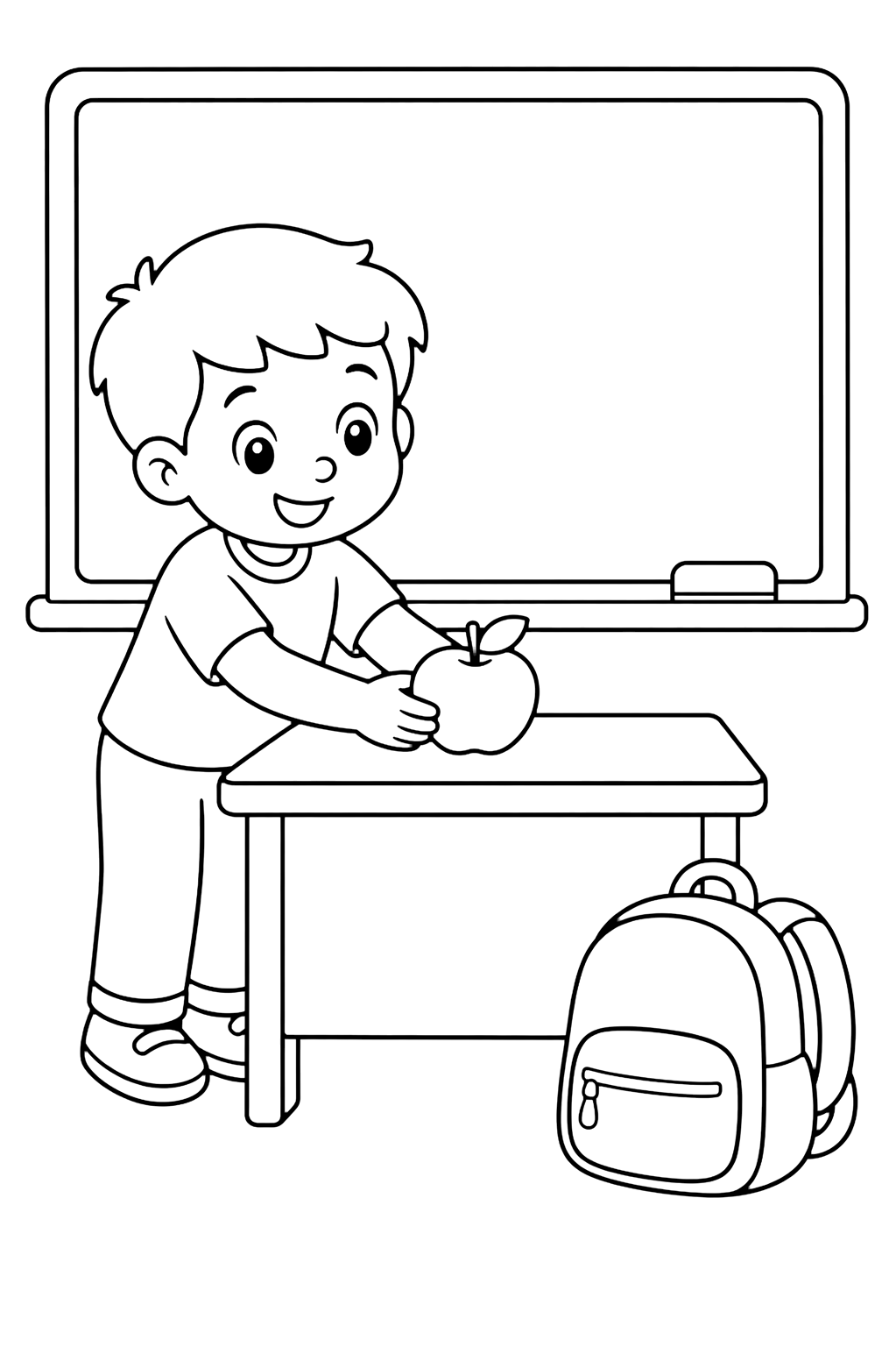 Coloriage avec un enfant de kindergarten pose une pomme sur un petit bureau d'enseignant avec un tableau vide derrière et un sac au sol. Idéal pour enfants, rentrée scolaire, impression et coloriage en ligne.