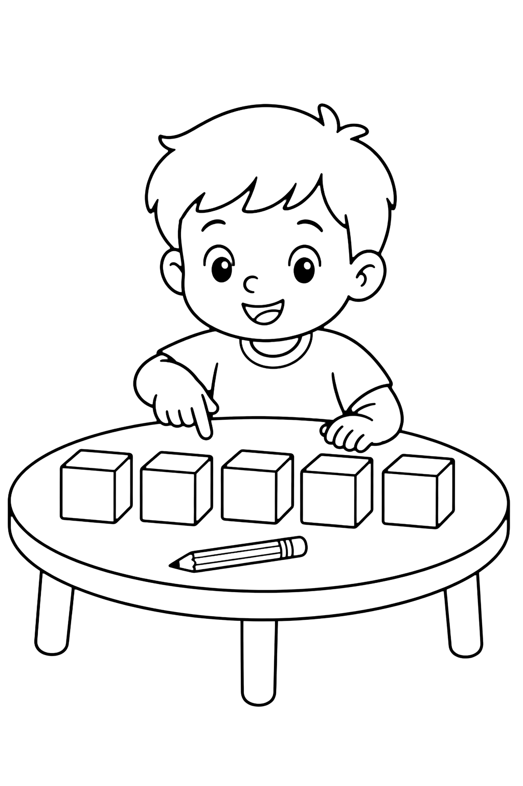 Coloriage avec cinq grands cubes à compter vides sur une table basse, un crayon et un enfant de kindergarten qui les montre. Idéal pour enfants, rentrée scolaire, impression et coloriage en ligne.