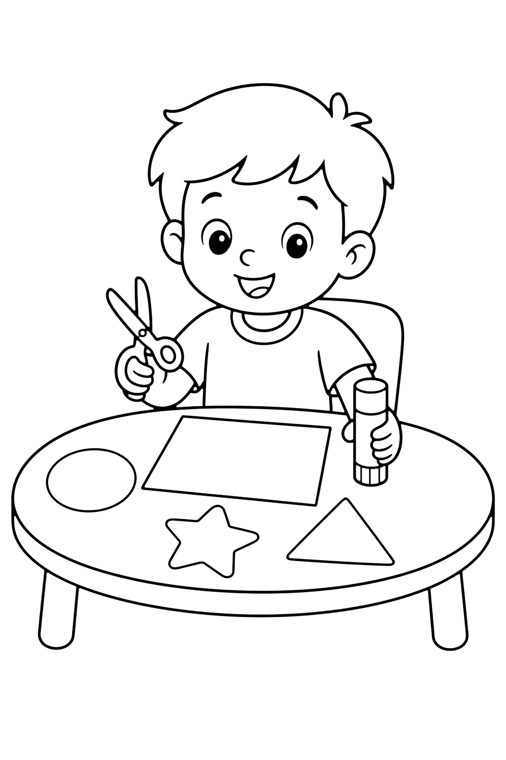 Coloriage avec un enfant de kindergarten à une table basse avec ciseaux de sécurité, colle, trois grandes formes en papier et une feuille vide. Idéal pour enfants, rentrée scolaire, impression et coloriage en ligne.