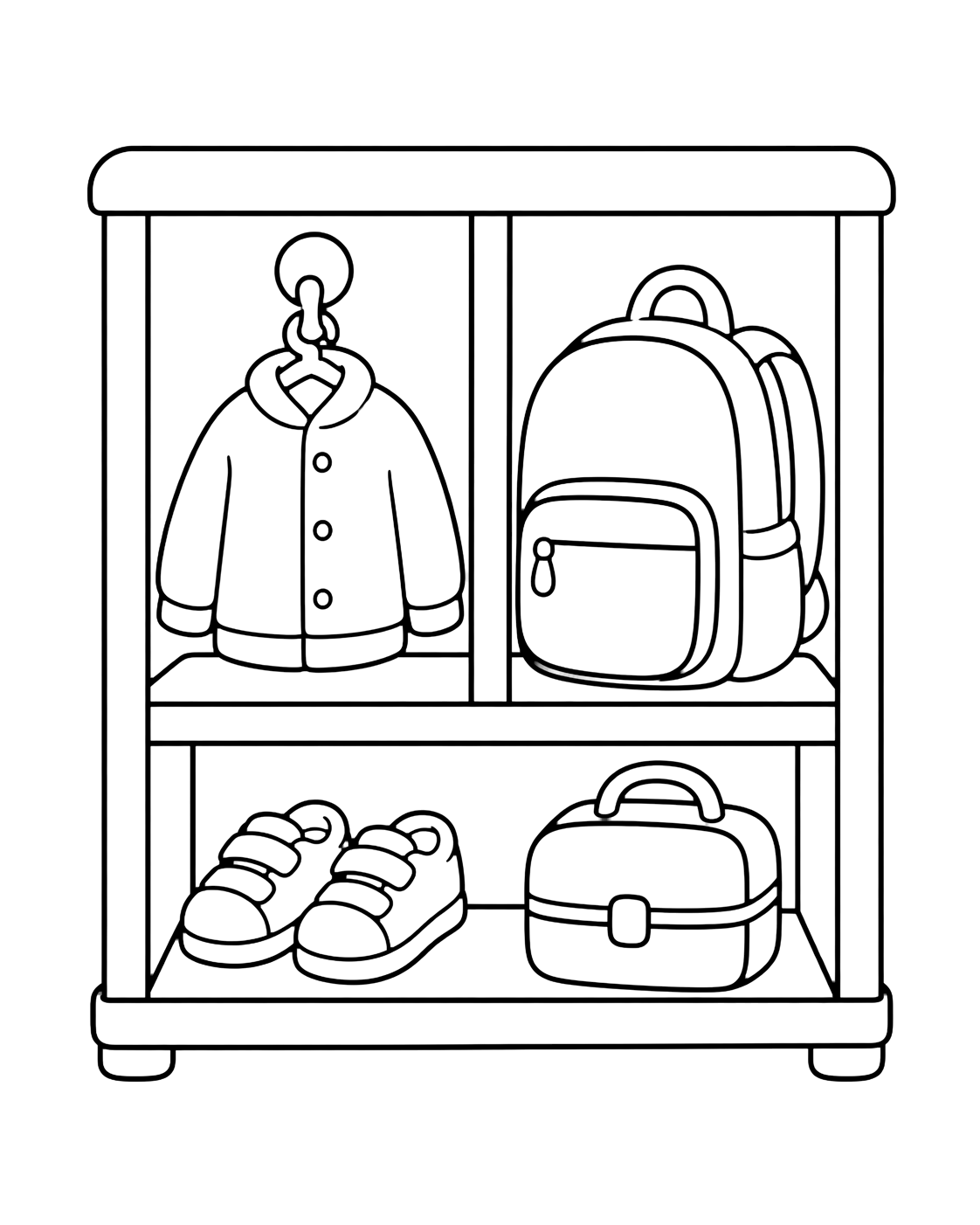 Coloriage avec un casier bas de classe avec un sac, une boîte à lunch, une veste au crochet et des chaussures dessous. Idéal pour enfants, rentrée scolaire, impression et coloriage en ligne.