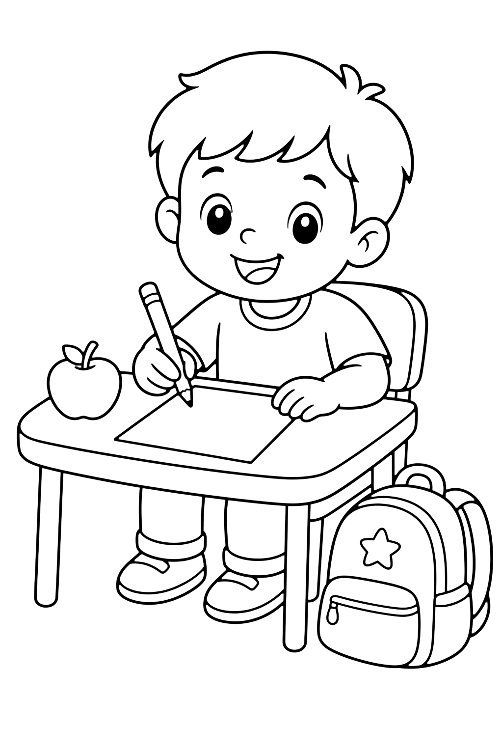 Coloriage avec un enfant souriant de kindergarten à son bureau avec un crayon, une feuille vide, un sac près de la chaise et une petite pomme. Idéal pour enfants, rentrée scolaire, impression et coloriage en ligne.