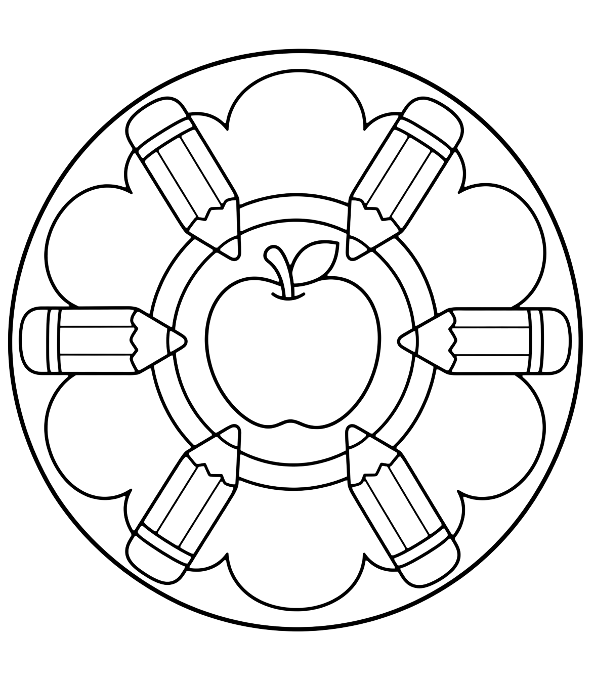 Coloriage avec un mandala rond simple avec une grande pomme au centre et de grands crayons autour comme des pétales. Idéal pour enfants, rentrée scolaire, impression et coloriage en ligne.