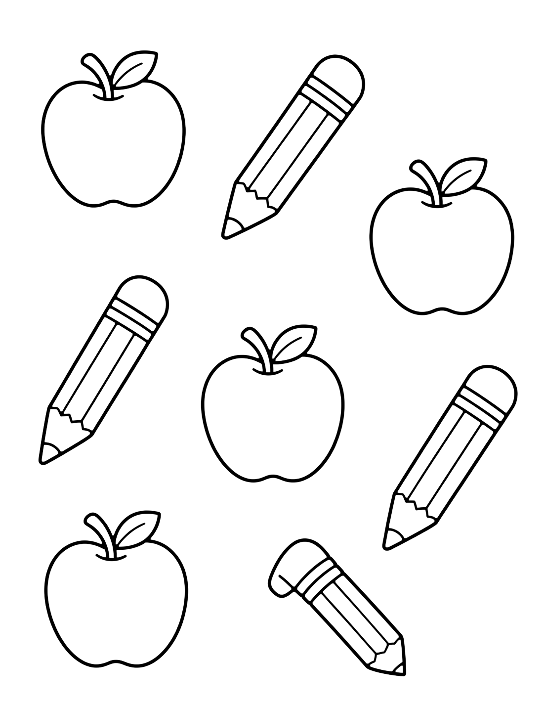 Coloriage avec un motif aéré de grands crayons et pommes, avec peu de répétitions et beaucoup d'espace blanc. Idéal pour enfants, rentrée scolaire, impression et coloriage en ligne.
