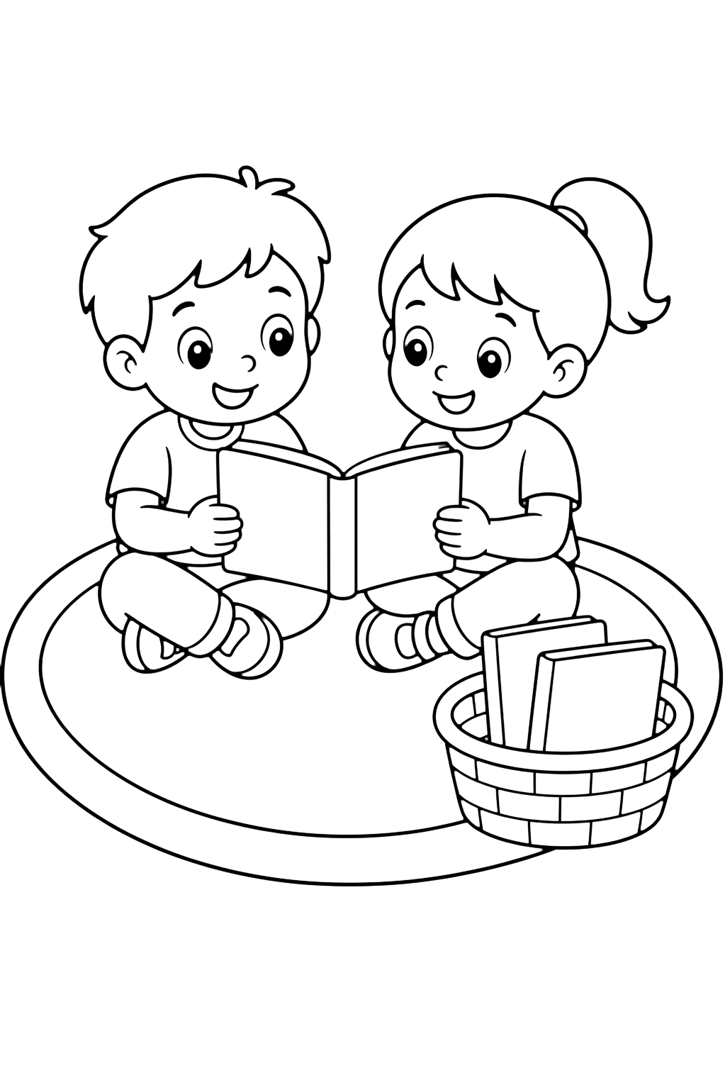Coloriage avec deux enfants de kindergarten sur un tapis rond avec un livre à couverture vide et un petit panier de livres. Idéal pour enfants, rentrée scolaire, impression et coloriage en ligne.