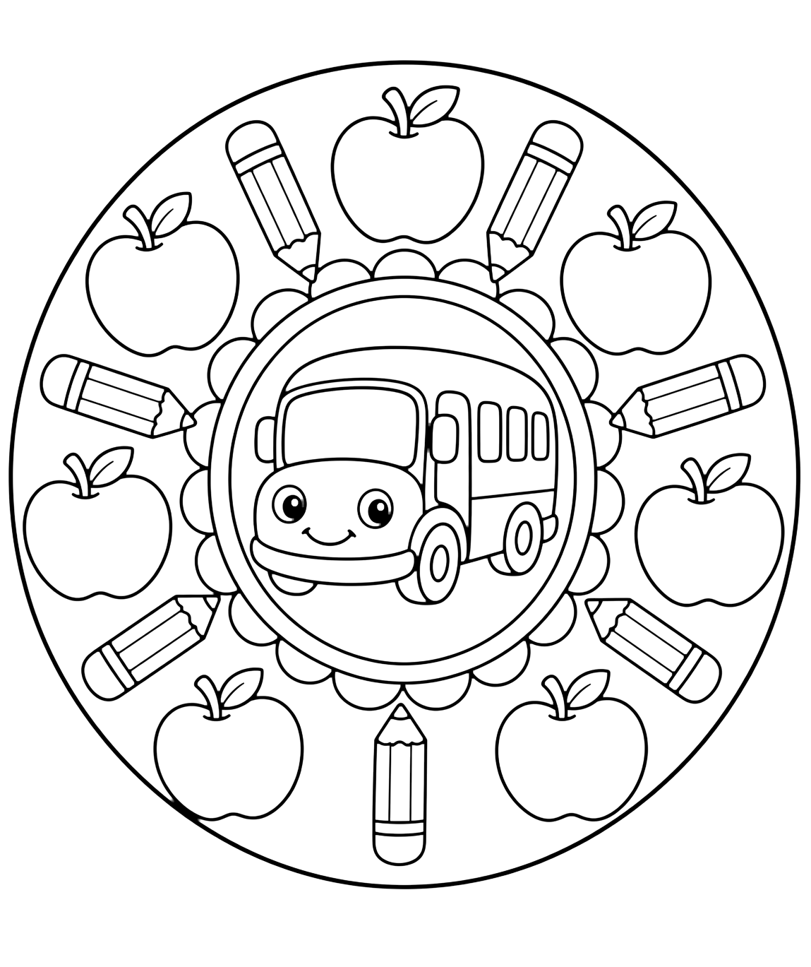 Coloriage avec un mandala rond simple avec un bus scolaire sympathique au centre et de grandes pommes et crayons autour. Idéal pour enfants, rentrée scolaire, impression et coloriage en ligne.