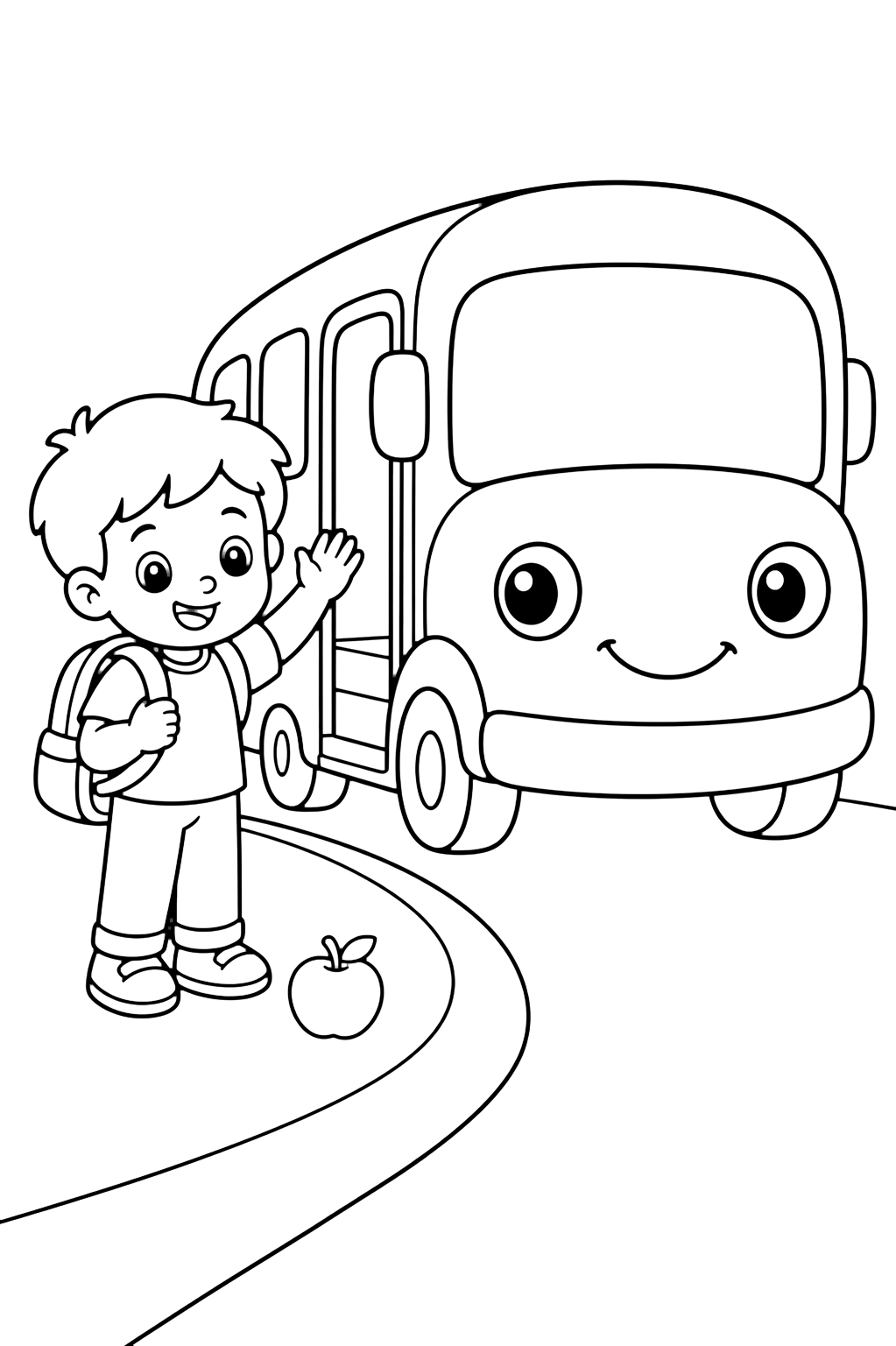 Coloriage avec un enfant de kindergarten avec un sac près d'un bus scolaire sympathique, une pomme au sol et une simple courbe de route. Idéal pour enfants, rentrée scolaire, impression et coloriage en ligne.