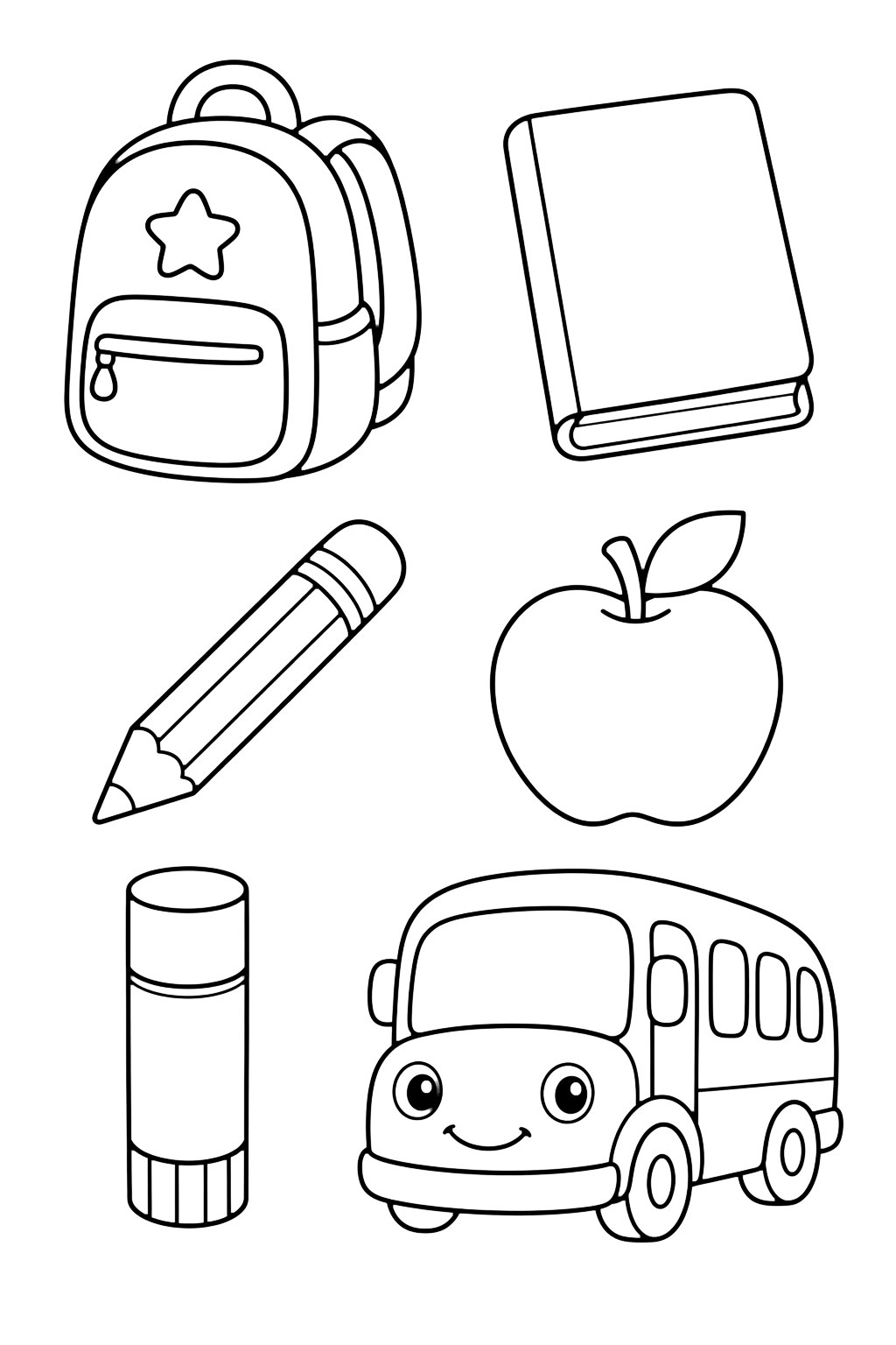 Ausmalbild mit sechs große Doodle-Icons: Rucksack, leeres Heft, Bleistift, Apfel, Klebestift und freundlicher Schulbus. Geeignet für Kinder, Schulstart, Ausdrucke und Online-Ausmalen.