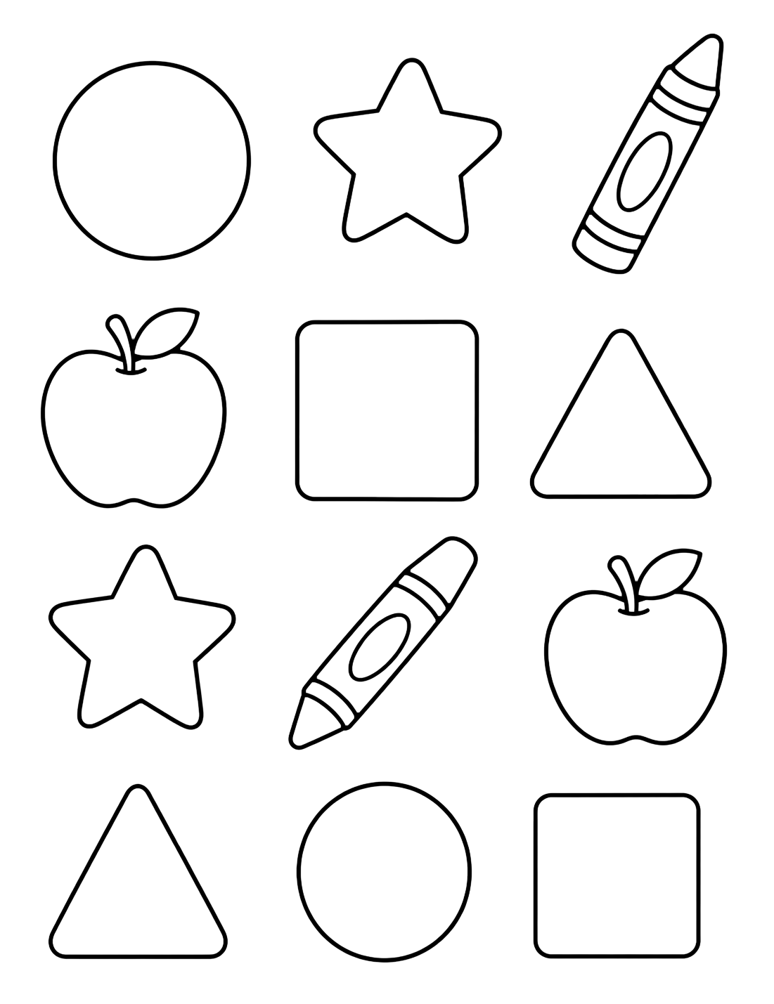Coloriage avec un motif aéré de grandes formes et objets scolaires: cercle, carré, triangle, étoile, pomme et crayon. Idéal pour enfants, rentrée scolaire, impression et coloriage en ligne.