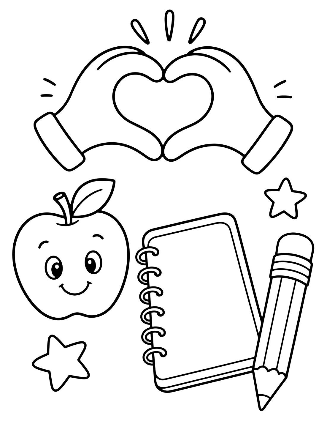 Картинка за оцветяване с няколко големи doodle символа за добри ръце в клас, разположени свободно върху бял фон. Подходяща за деца, училищни занимания, принтиране и онлайн оцветяване.