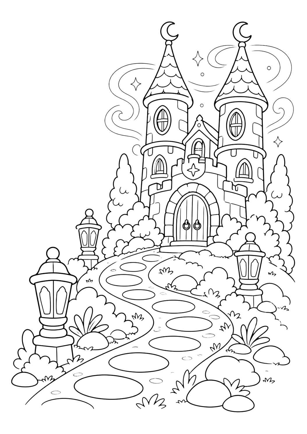 lantern path enchanted castle coloring page with clean enchanted castle line art for kids