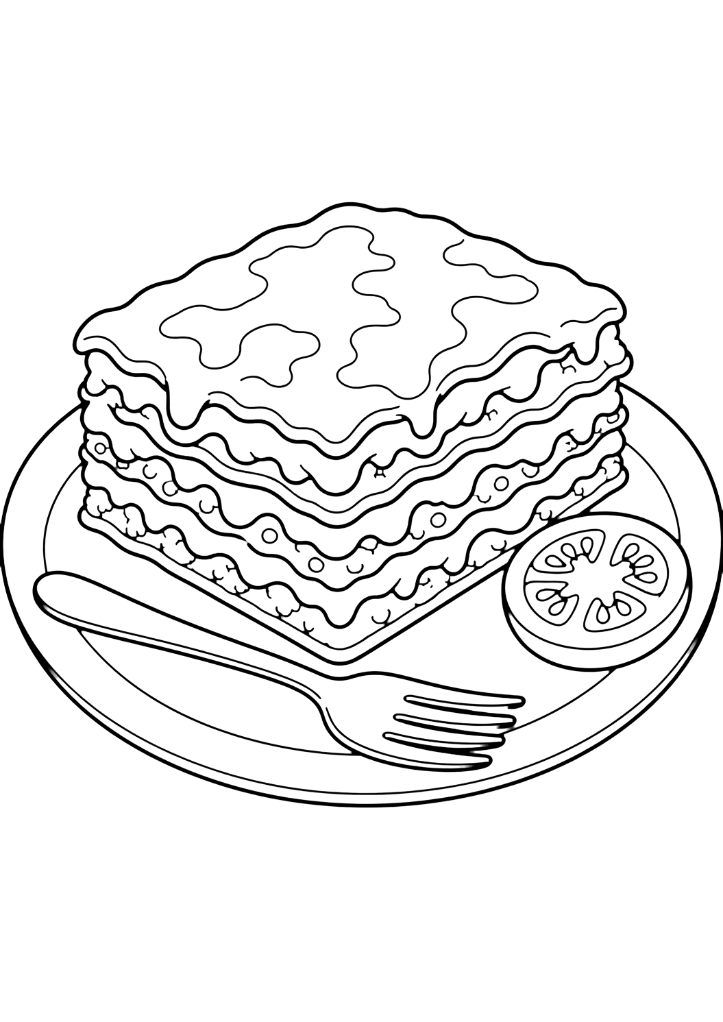 Dibujo de comida para colorear con una porción ordenada de lasaña en un plato, capas visibles de pasta, capas de salsa, formas de queso derretido, un tenedor sencillo y una rodaja pequeña de tomate. Ideal para niños, impresión y coloreado online.