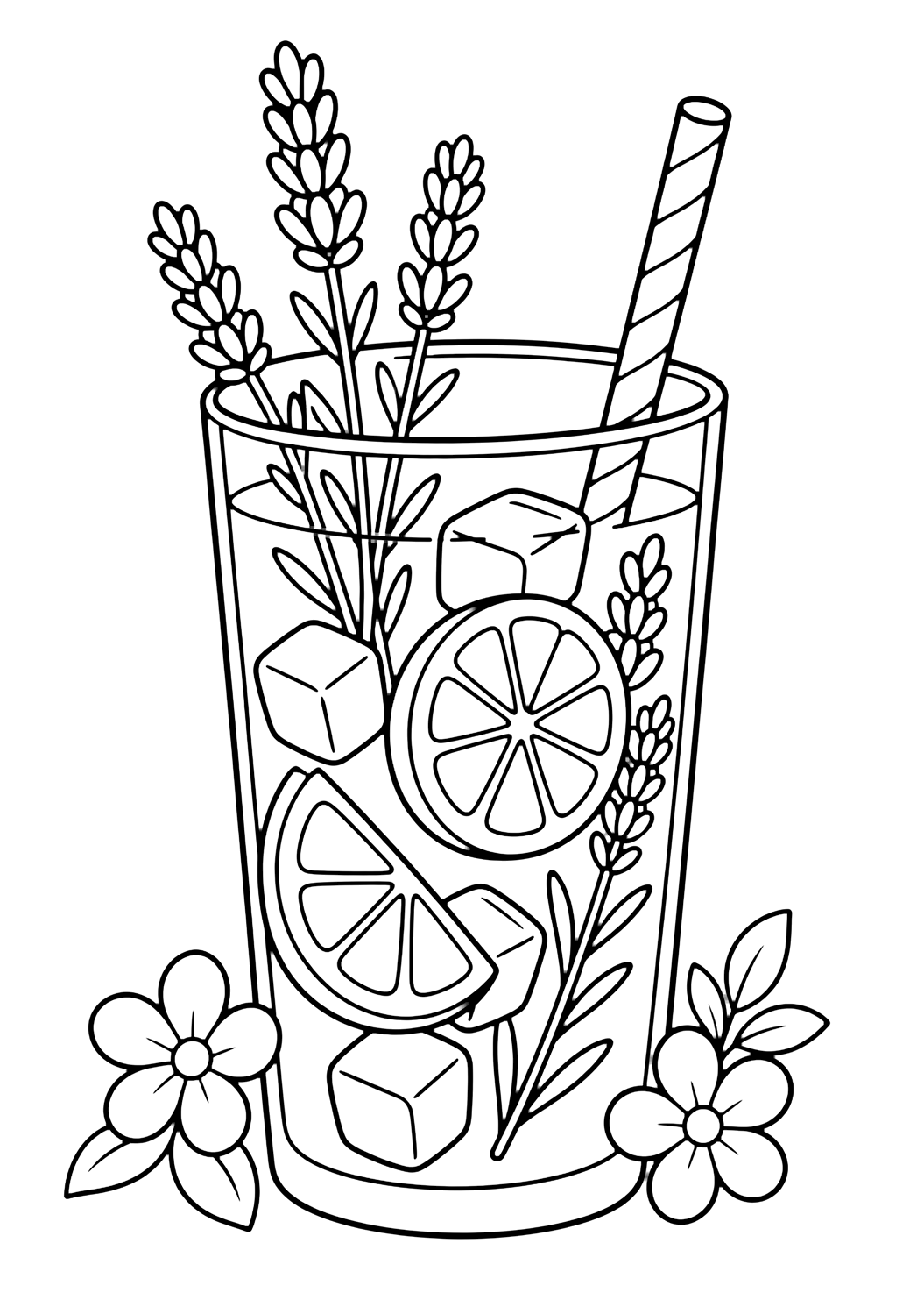 Página de limonada para colorear con un vaso alto de limonada con lavanda, ramitas de lavanda, rodajas de limón, cubitos de hielo, pajita y flores sencillas. Ideal para niños, impresión y coloreado online.