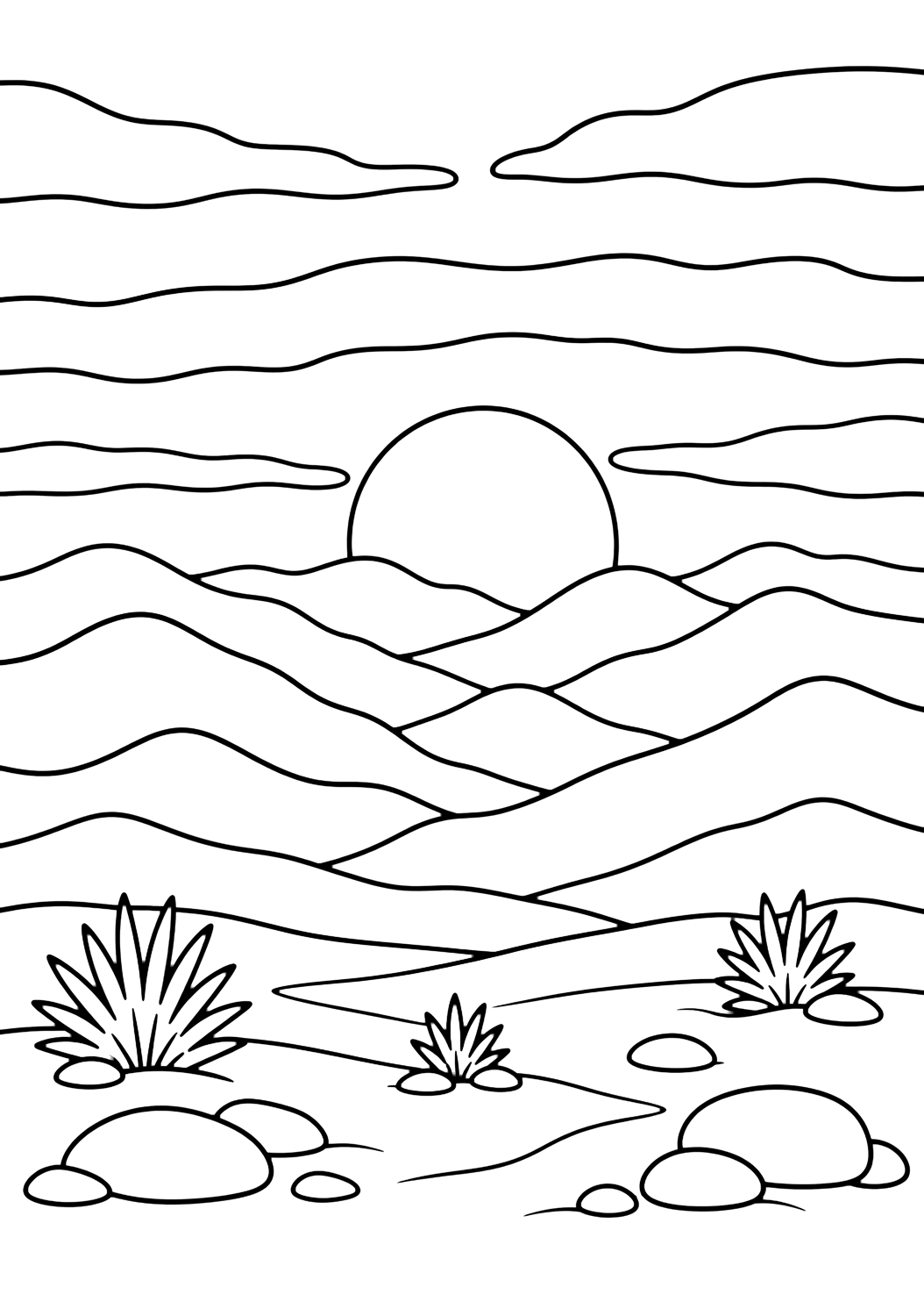 layered desert hills sunset coloring page with soft layered desert hills stacked into the distance, a large round setting sun partly hidden between the hill layers, broad sky bands, sandy foreground, smooth stones, and a few small desert shrubs for kids