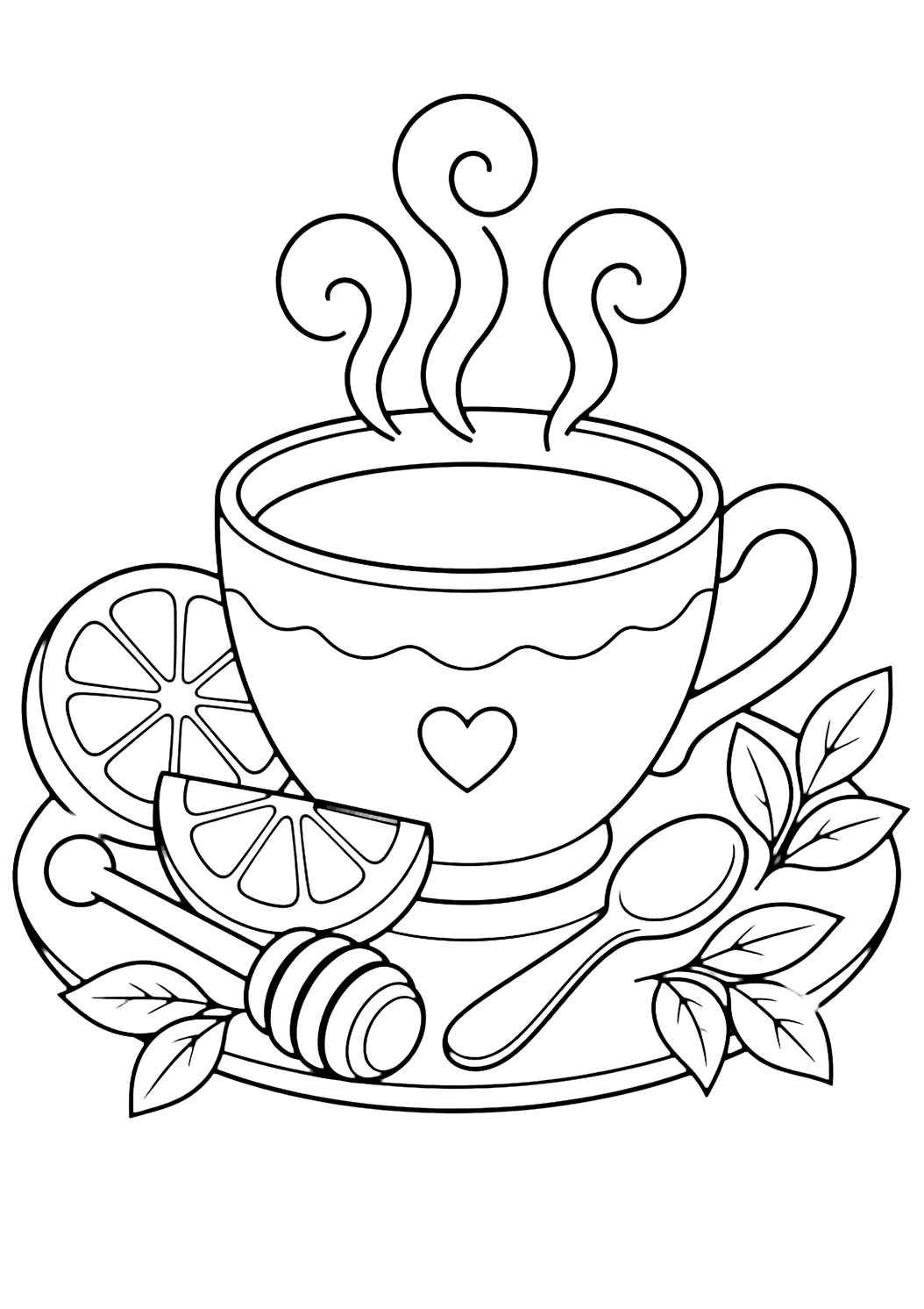 lemon tea cup coloring page with simple tea line art for kids