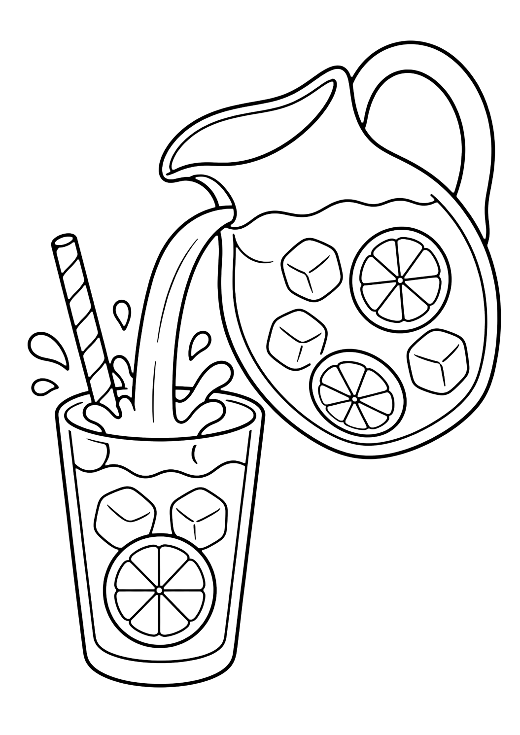 lemonade pouring into a glass coloring page with simple lemonade line art for kids