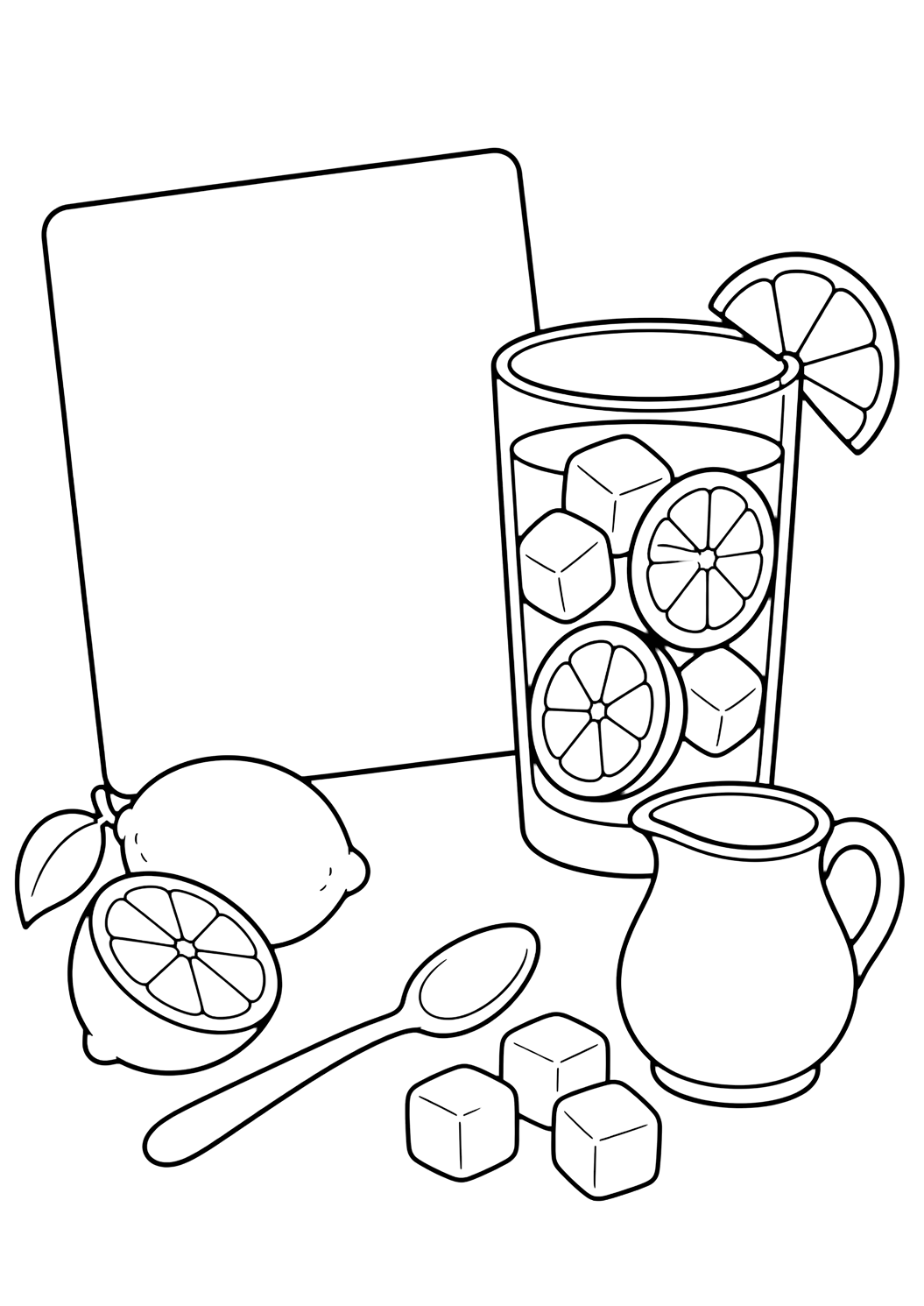 Página de limonada para colorear con una tarjeta de receta en blanco junto a un vaso de limonada, limones, una cuchara, cubitos de hielo y una jarra pequeña. Ideal para niños, impresión y coloreado online.
