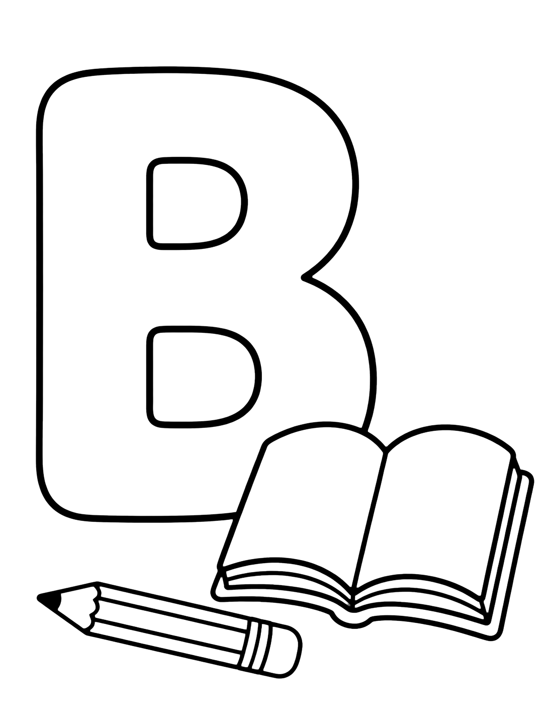 Coloriage avec une grande lettre B majuscule avec un livre ouvert simple à côté et un petit crayon. Idéal pour enfants, alphabet, impression et coloriage en ligne.