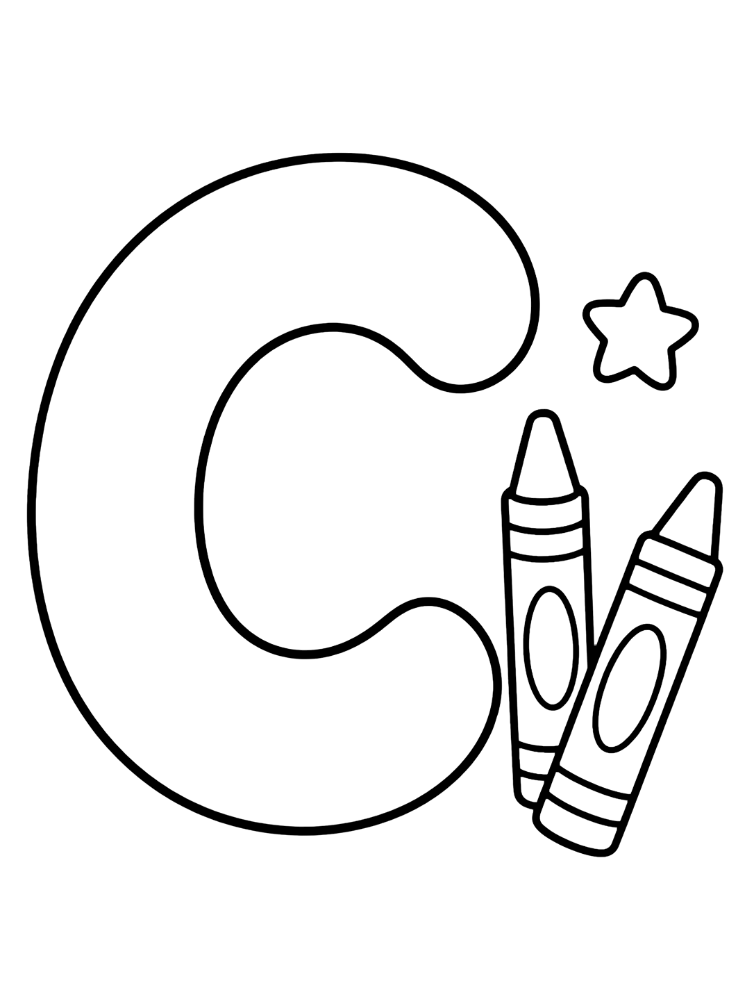 letter C crayon coloring page with one large uppercase letter C with two simple crayons beside it and a small star for kids