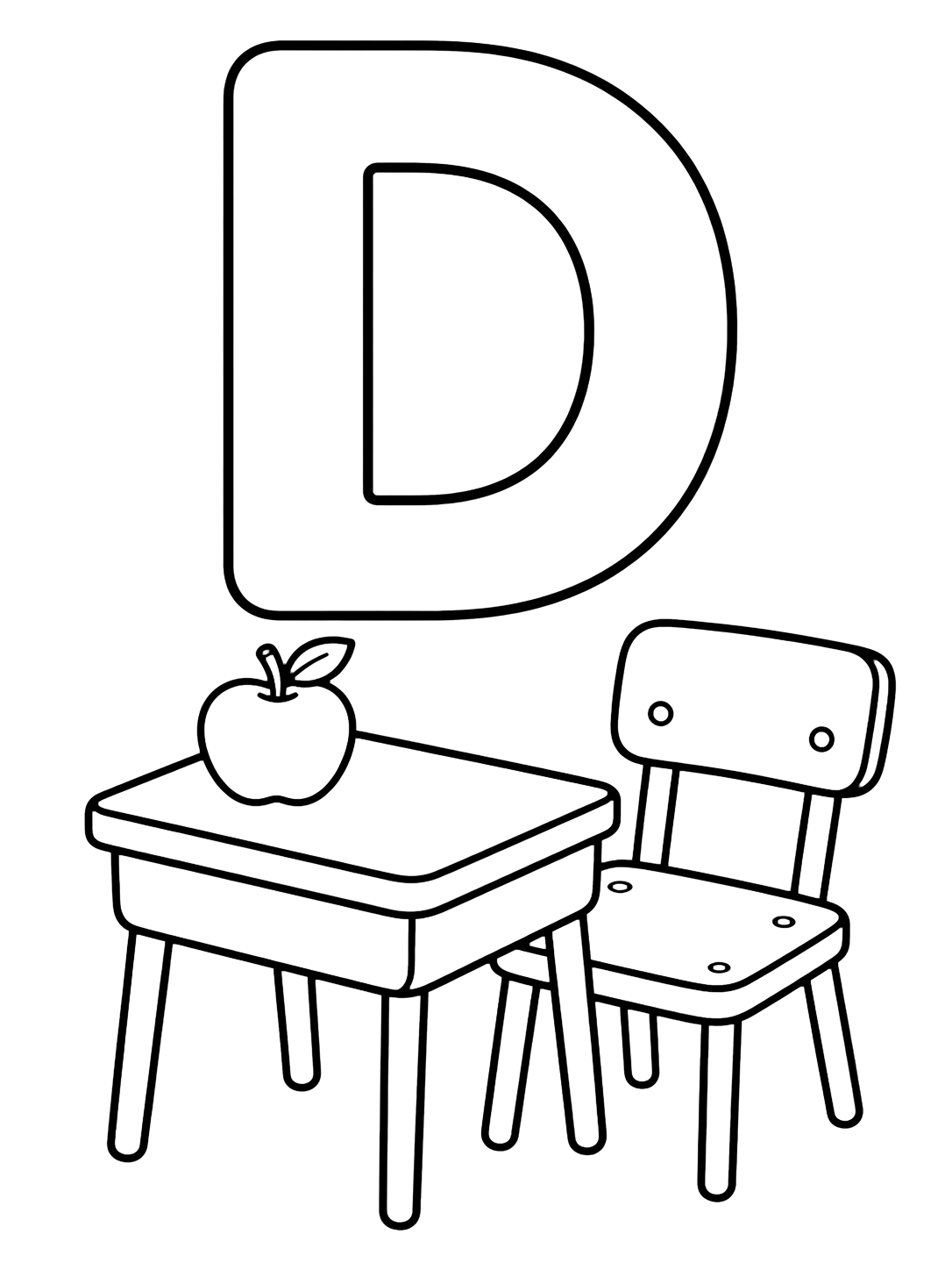 letter D desk coloring page with one large uppercase letter D with a simple school desk and chair below it, plus one apple on the desk for kids