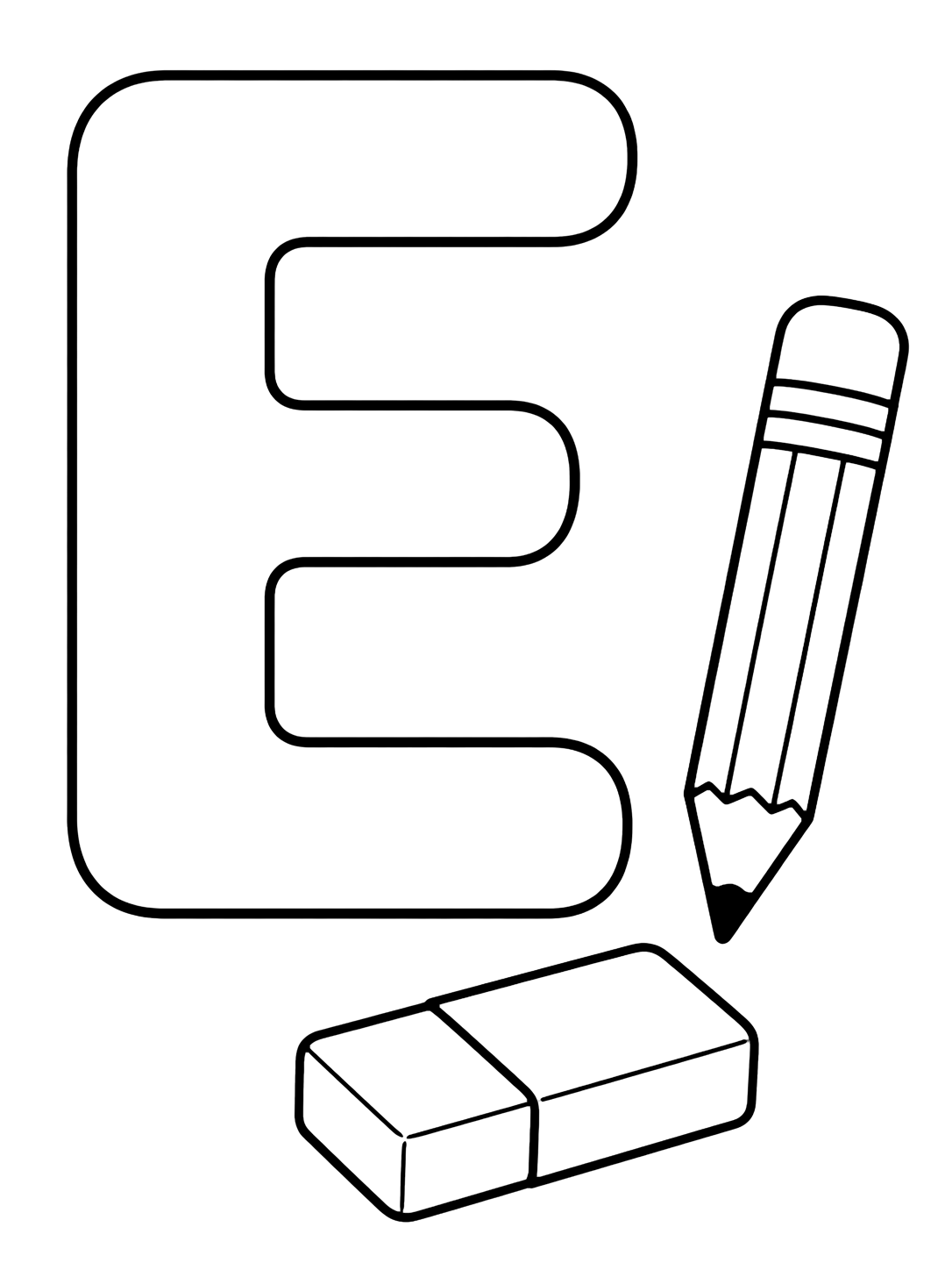 Dibujo para colorear con una gran letra E mayúscula con un borrador rectangular sencillo y un lápiz al lado. Ideal para niños, práctica del abecedario, impresión y coloreado online.