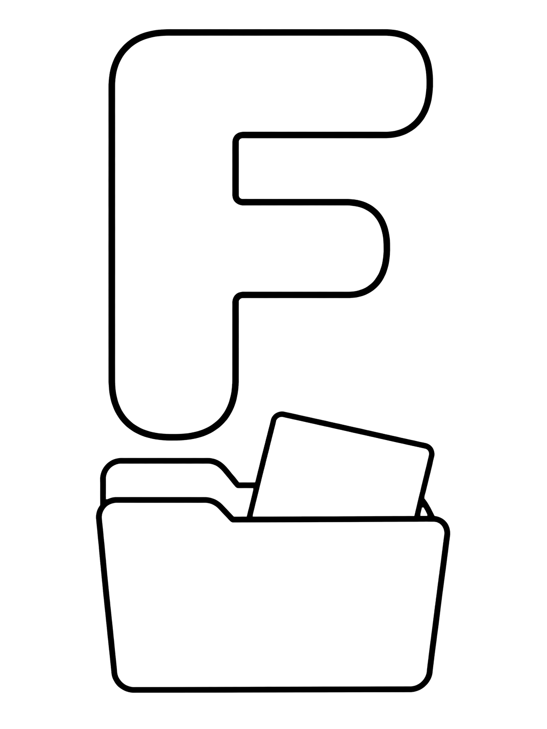Dibujo para colorear con una gran letra F mayúscula con una carpeta escolar sencilla debajo y una hoja en blanco asomando. Ideal para niños, práctica del abecedario, impresión y coloreado online.