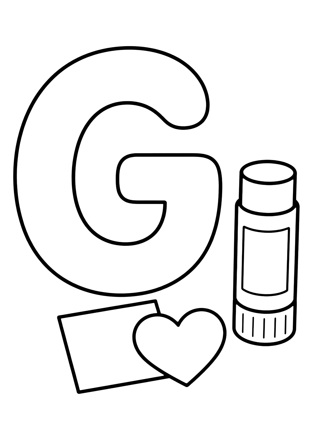 Coloriage avec une grande lettre G majuscule avec un bâton de colle simple à côté et deux formes de papier vides. Idéal pour enfants, alphabet, impression et coloriage en ligne.