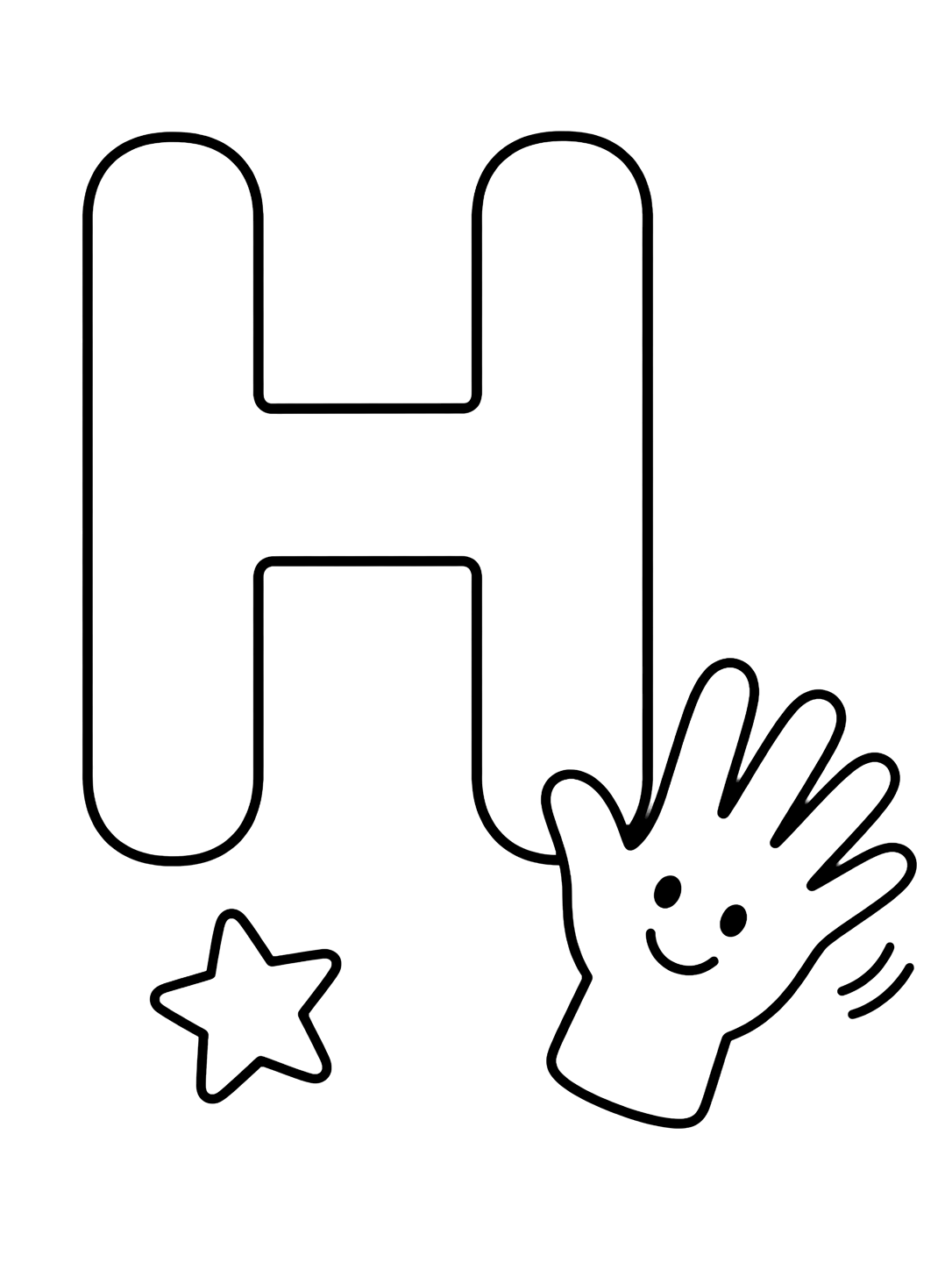 Coloriage avec une grande lettre H majuscule avec une main simple qui salue à côté et une petite étoile. Idéal pour enfants, alphabet, impression et coloriage en ligne.