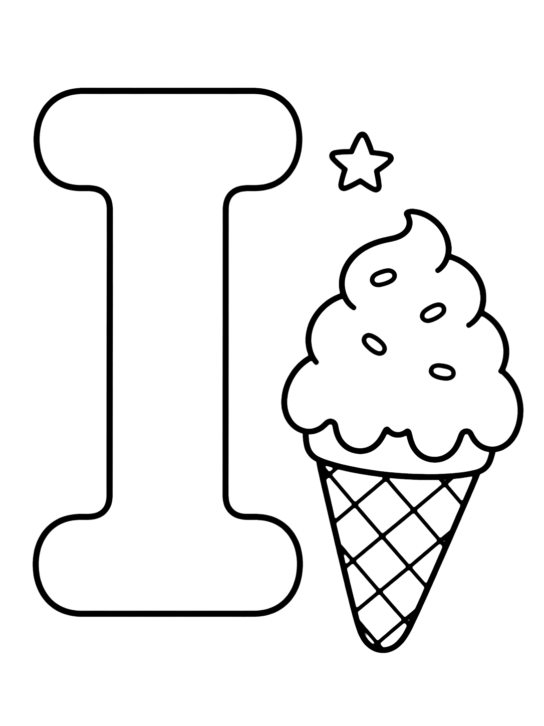 Dibujo para colorear con una gran letra I mayúscula con un helado sencillo al lado y una pequeña estrella. Ideal para niños, práctica del abecedario, impresión y coloreado online.