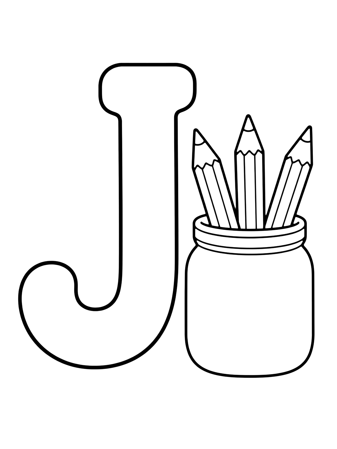 Dibujo para colorear con una gran letra J mayúscula con un frasco sencillo que sostiene tres lápices. Ideal para niños, práctica del abecedario, impresión y coloreado online.