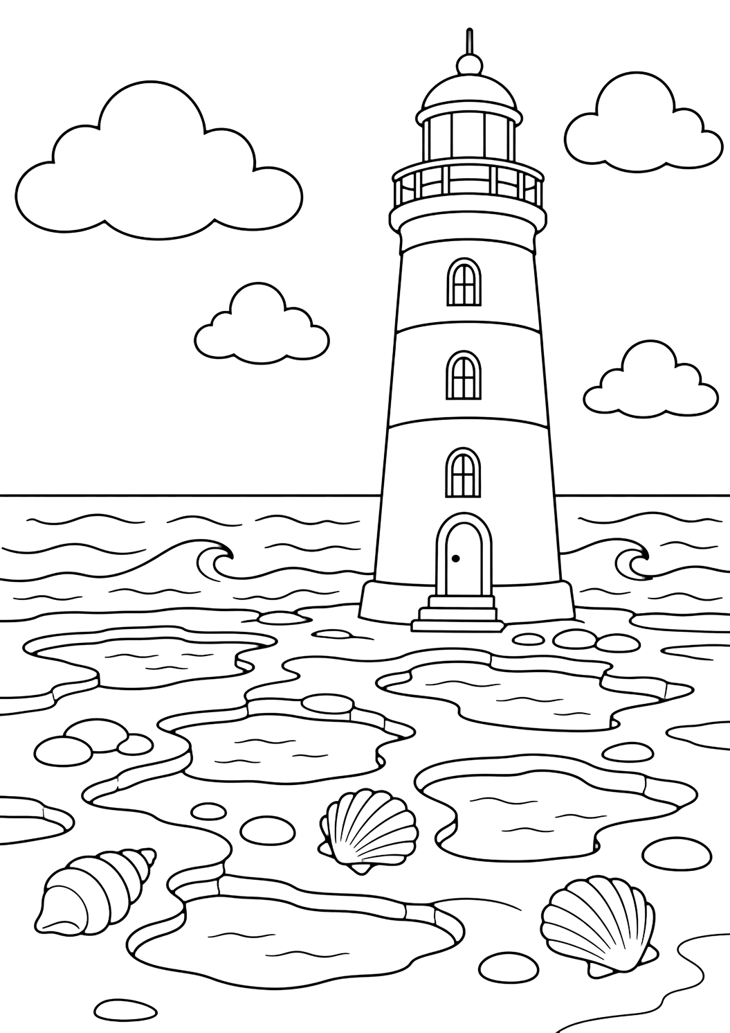 Leuchtturm-Ausmalbild mit einen Leuchtturm neben flachen Gezeitentümpeln auf einer ebenen Küstenfläche, mit runden Wasserformen, glatten Steinen, großen Muscheln, sanften Meereswellen, breiten Wolken und offenem Himmel. Geeignet für Kinder, Meeresthemen, Ausdrucke und Online-Ausmalen.