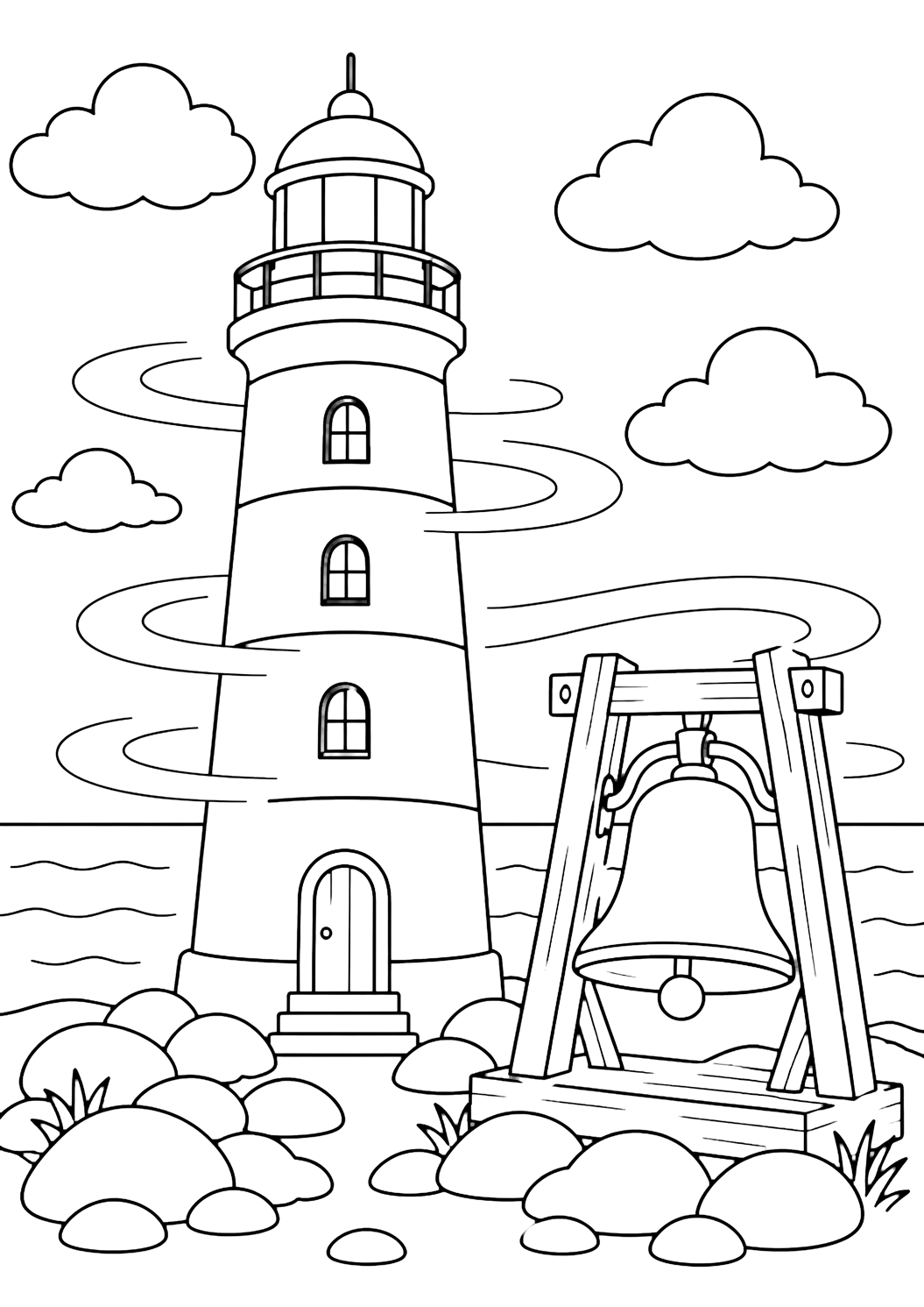 Leuchtturm-Ausmalbild mit einen Leuchtturm mit einer großen Nebelglocke auf einem Holzständer daneben, geschwungenen Nebellinien, ruhigem Meereshorizont, glatten Steinen, breiten Wolken und offenem Himmel. Geeignet für Kinder, Meeresthemen, Ausdrucke und Online-Ausmalen.