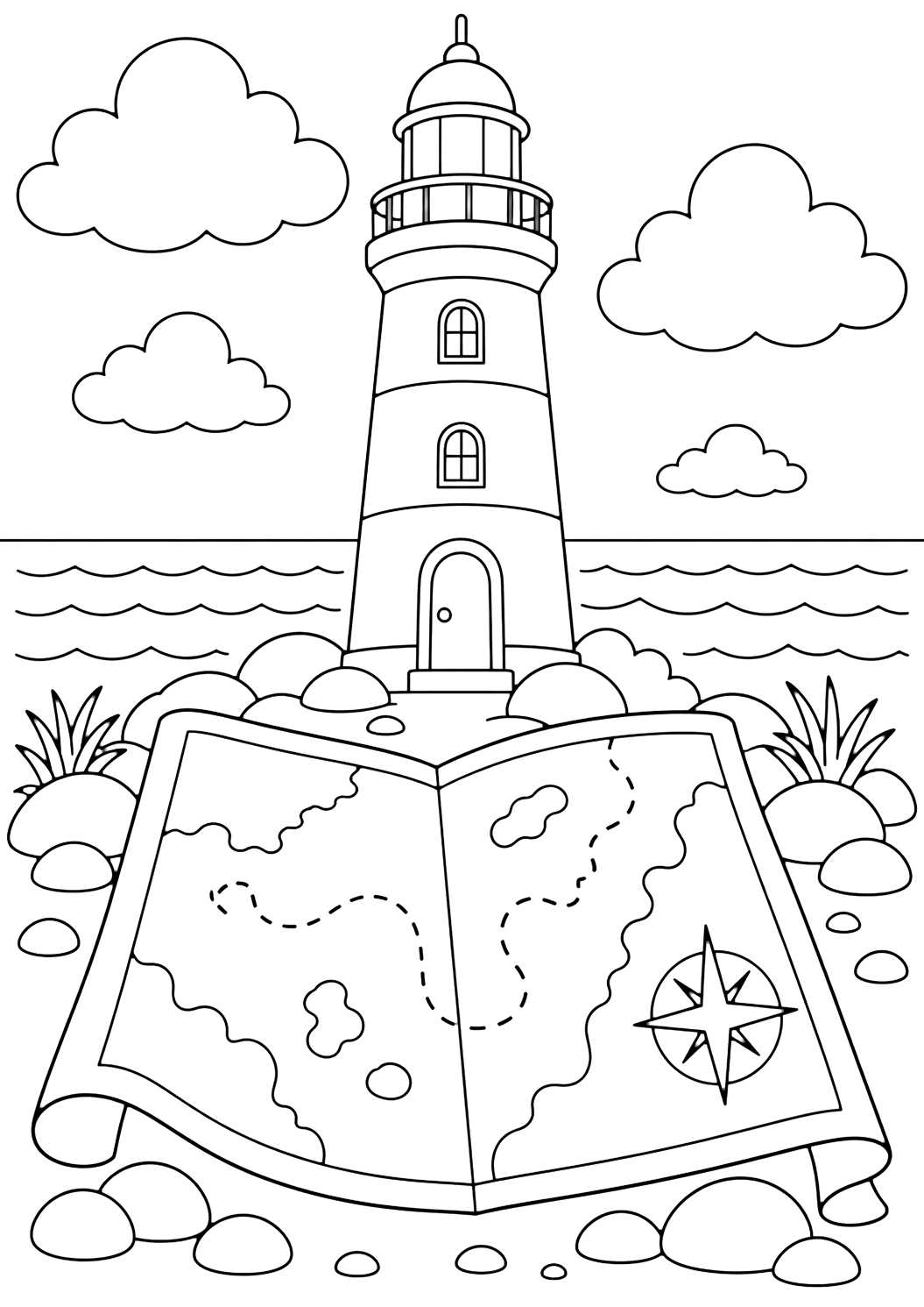 Leuchtturm-Ausmalbild mit einen Leuchtturm hinter einer großen offenen Seekarte, mit Küstenumrissen, einer gepunkteten Route, einfachen Inselformen, einer leeren Kompassrose, sanften Meereswellen, breiten Wolken und offenem Himmel. Geeignet für Kinder, Meeresthemen, Ausdrucke und Online-Ausmalen.