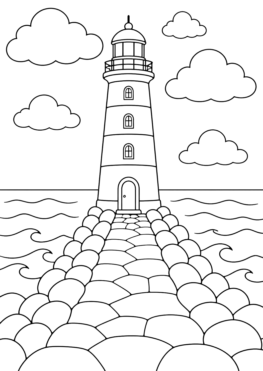 Dibujo de faro para colorear con un faro alto a rayas al final de un rompeolas de piedra, con mar tranquilo a ambos lados, grandes curvas de olas, piedras redondeadas, nubes amplias y cielo abierto. Ideal para niños, temas del mar, impresión y coloreado online.